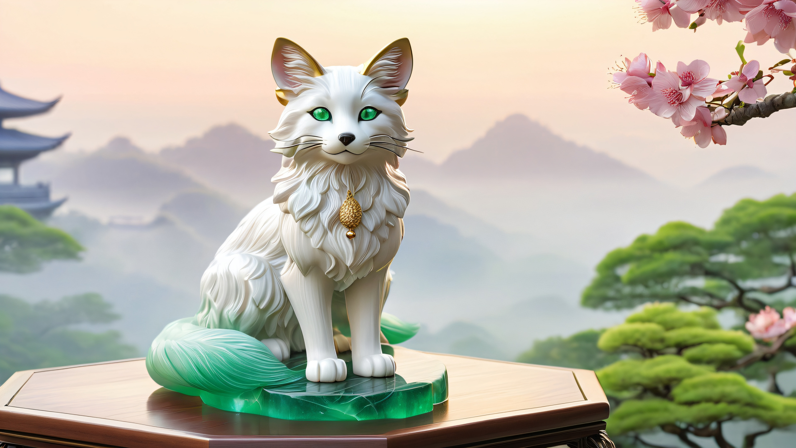 4K Whispering Forest Kemono Majesty Desktop Background Majestic Mejiro Ramonu sitting on a pedestal in a serene Japanese garden at dawn, suitable for Desktop/PC backgrounds.