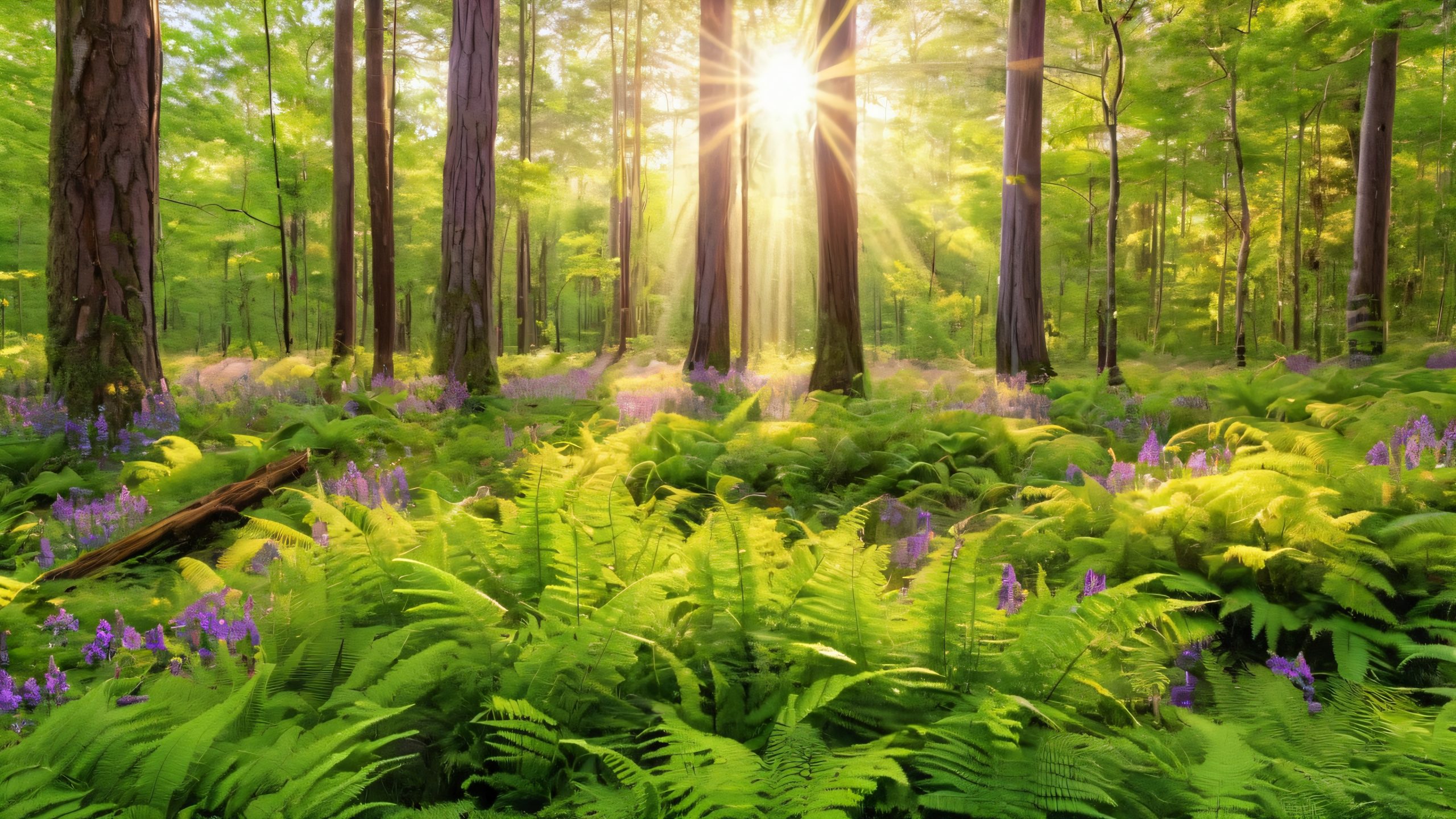 Whispering Forest Secrets 4K UHD Widescreen A serene forest landscape with emerald canopies, rolling hills, and vibrant wildflowers.