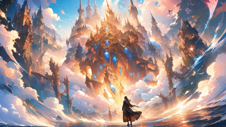 Fantastical forest with glowing spirits and ancient trees