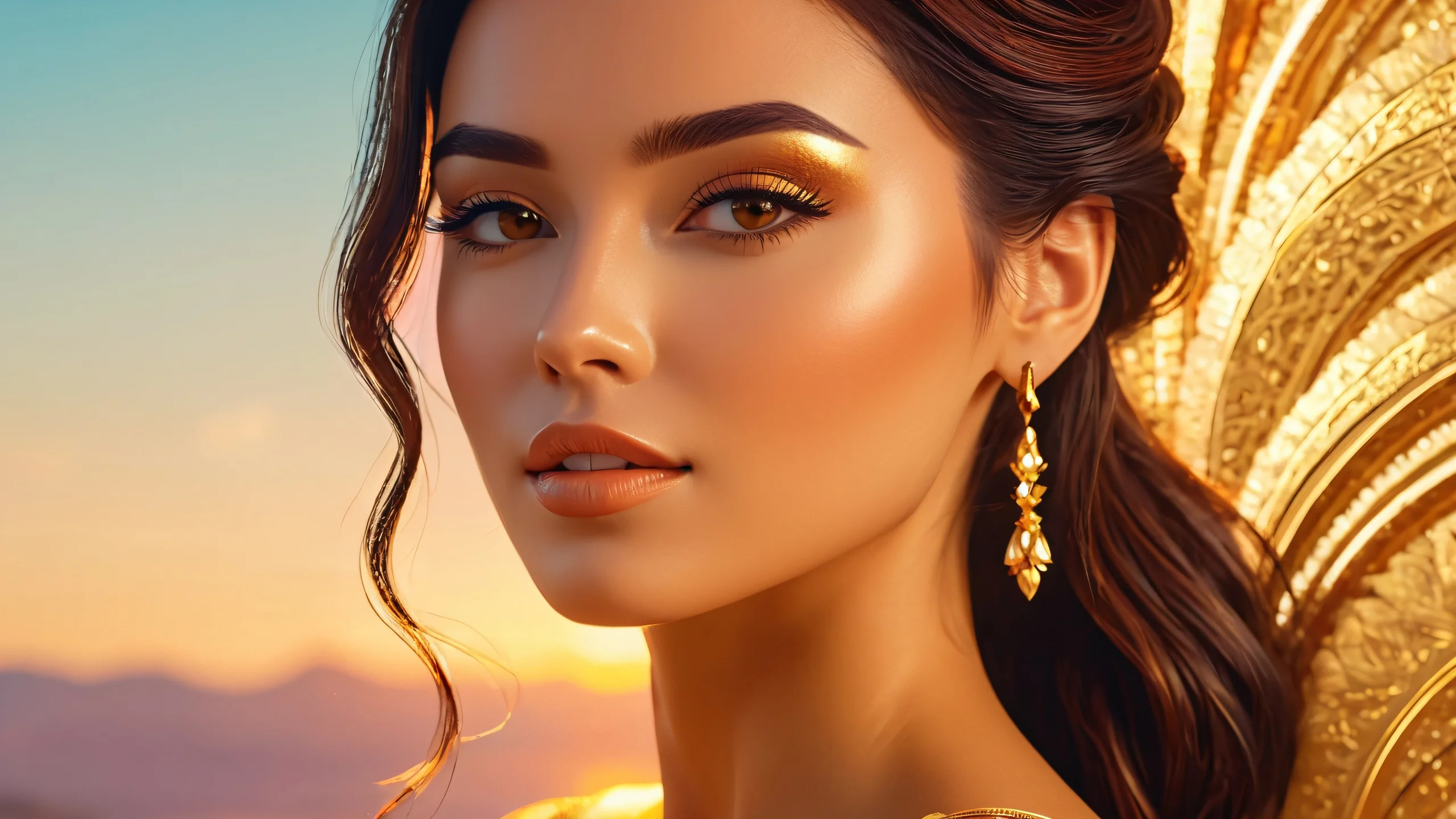 Aesthetic Whispering Goddess of Light Background A mystical woman surrounded by stylized golden and tan hues with subtle illumination