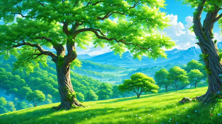 A serene digital painting of a forest with tall trees and lush greenery on a sunny day.