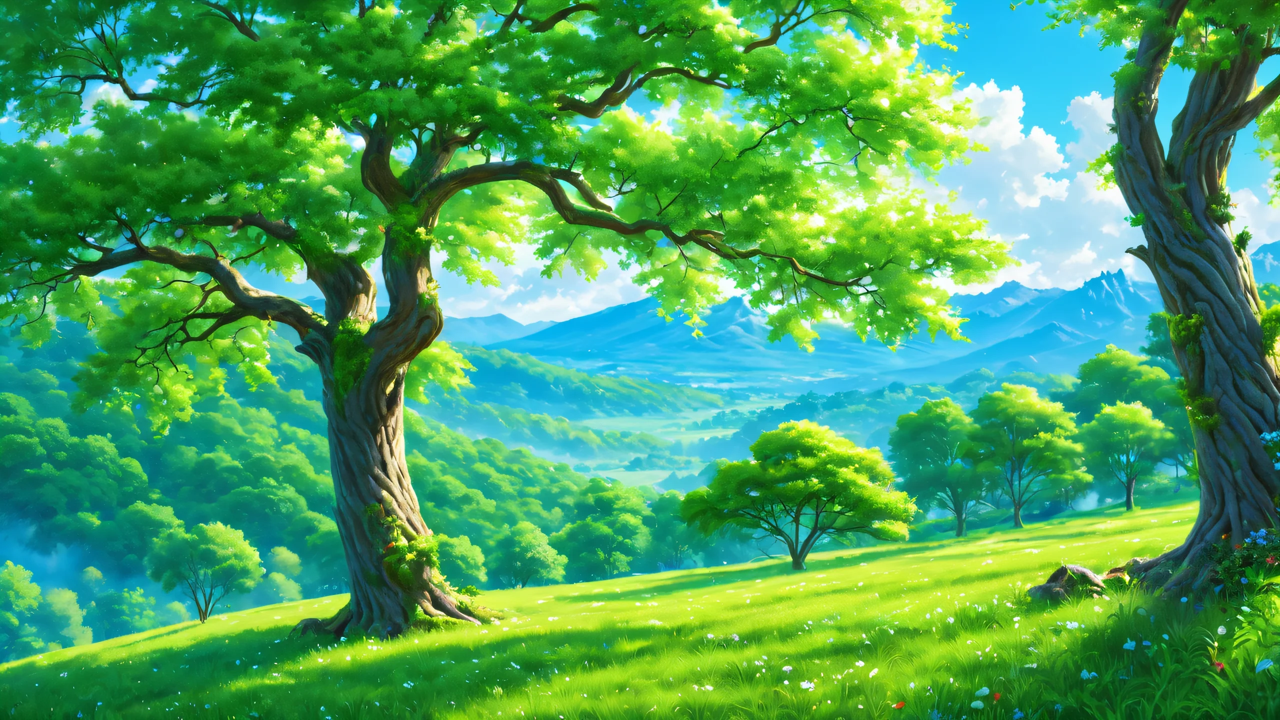 Whispering Green Forest Aesthetic PC Wallpaper A serene digital painting of a forest with tall trees and lush greenery on a sunny day.
