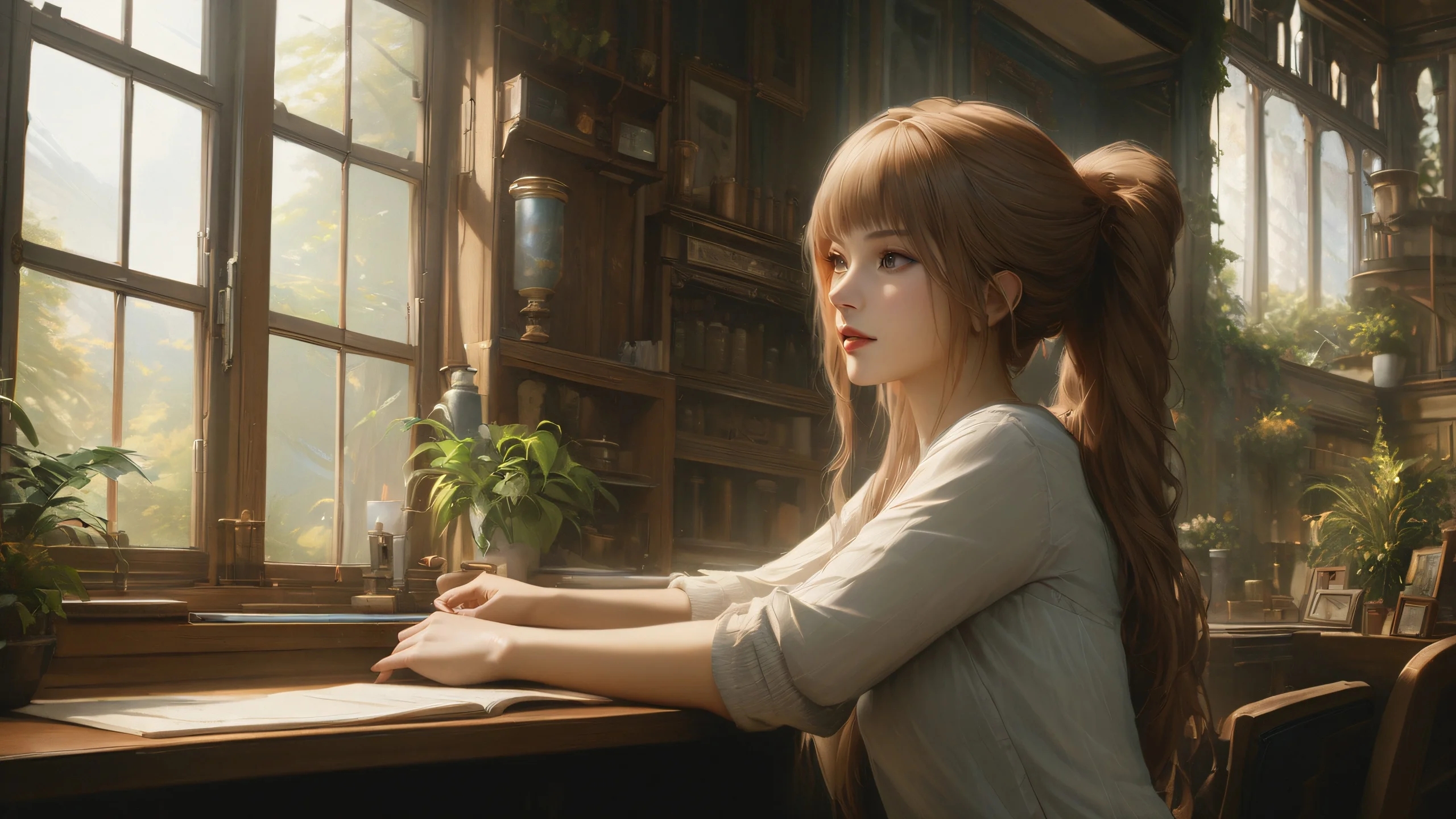 4K Whispering Library Sanctuary Desktop Background A serene anime-inspired scene of a young girl sitting in a cozy library surrounded by books and soft lighting.