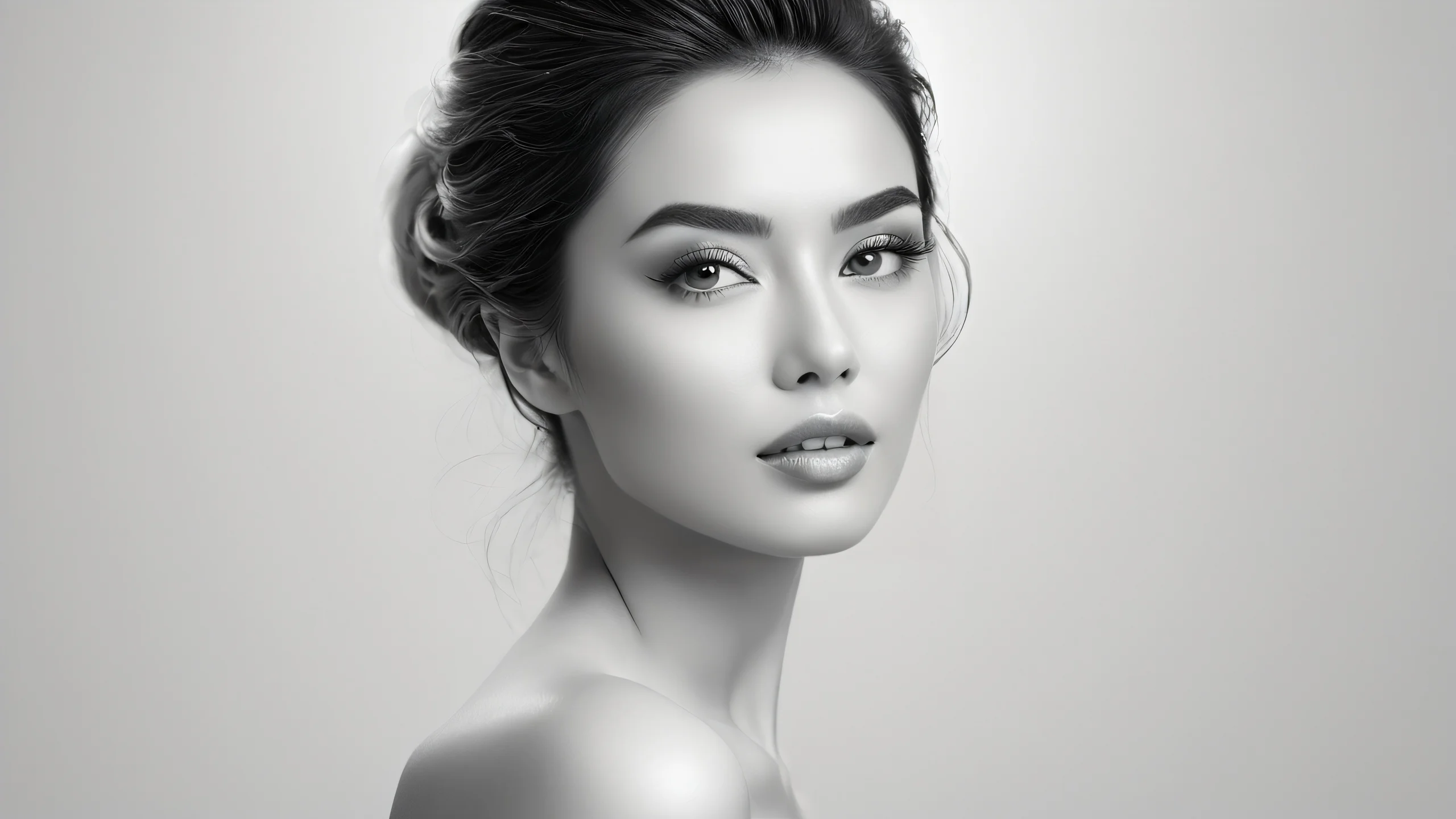 Stunning Whispering Monochrome Muse 4K Wallpaper A serene and contemplative woman in a monochromatic setting, showcasing the beauty of simplicity.