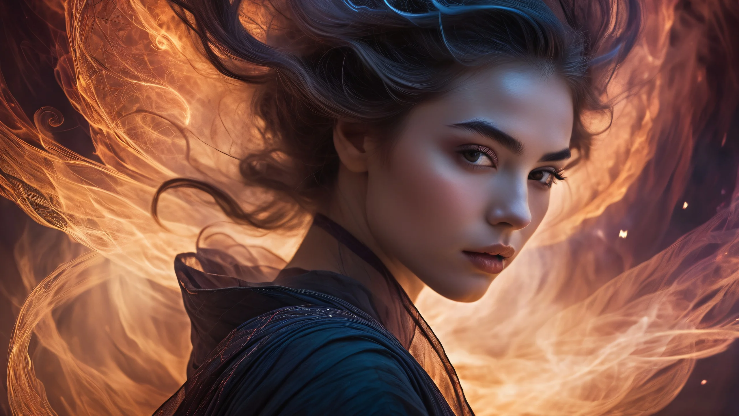 Whispering Smoke Sorceress Ultra HD Wallpaper A mystical sorceress hidden in swirling smoke patterns and nebula fragments, surrounded by gossamer silk textures.