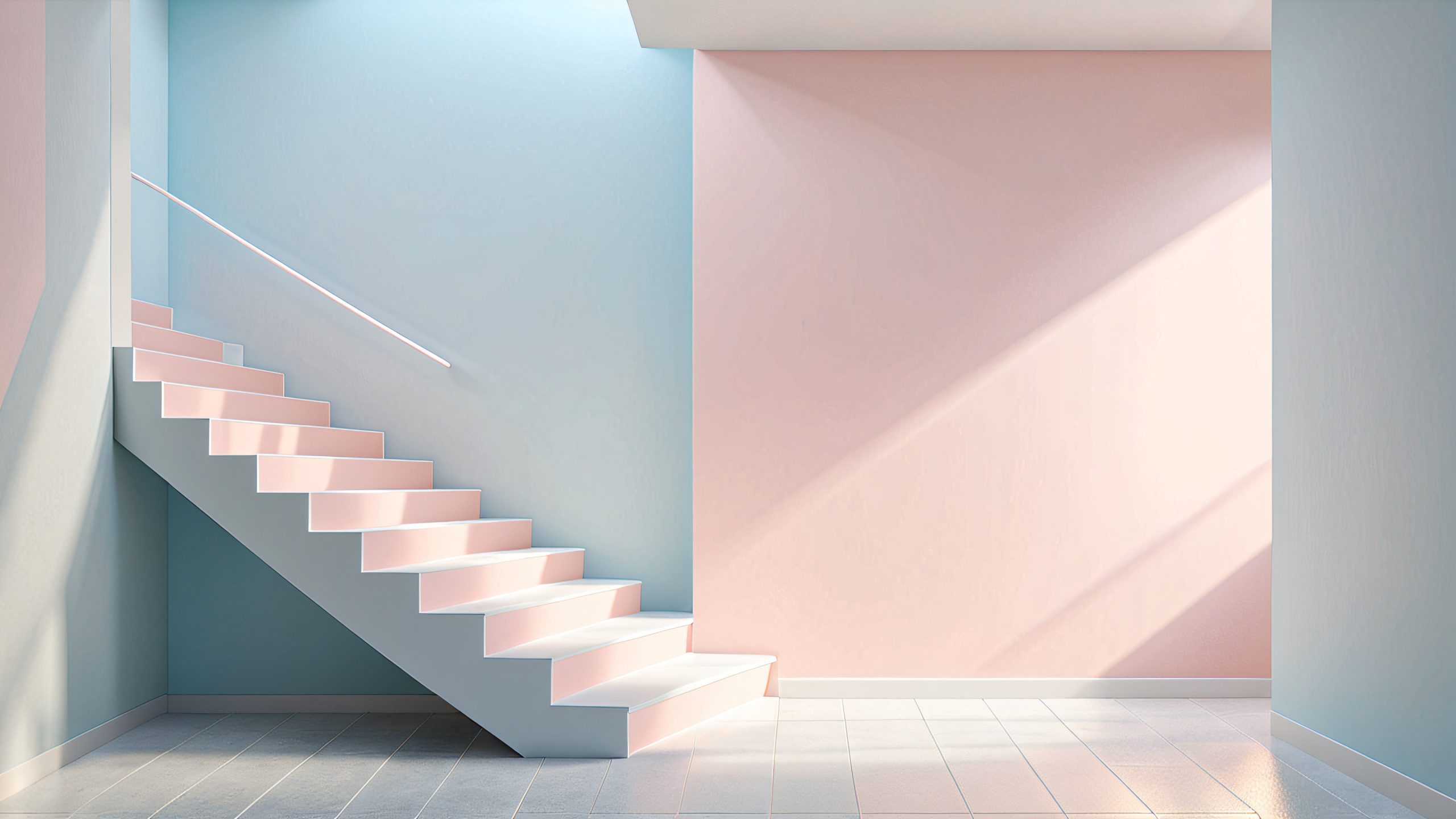 Stunning Whispering Staircase Serenity 4K Wallpaper Serene isometric staircase with pastel hues and a contemplative figure at the top, surrounded by minimalist space and soft natural light.
