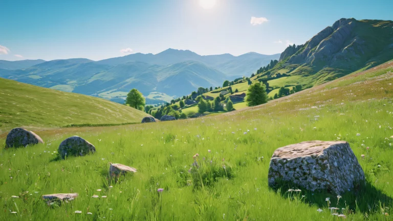 A serene wizard standing amidst a rolling meadow with hills and stone face, bathed in harsh natural sunlight.