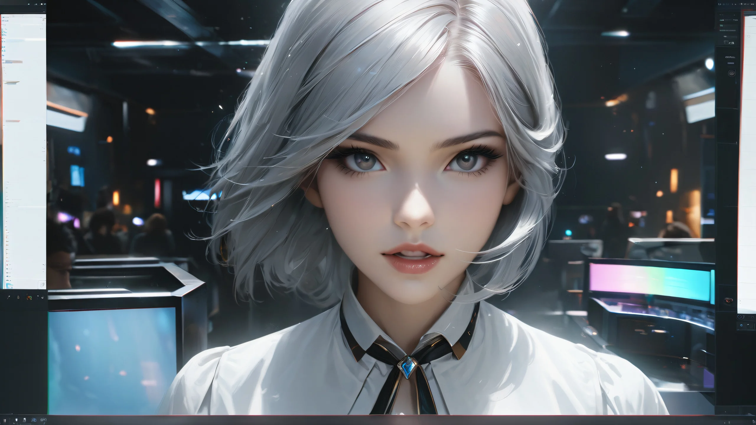 Epic Whispering Studio Light 4K Desktop Wallpaper A young anime girl sits in a quiet studio setting, surrounded by soft lighting and minimalist decor.