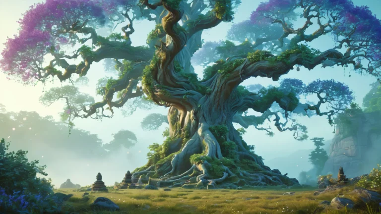 Ancient tree with glowing orbs, surrounded by humanoid figures and misty forest glade, suitable for desktop/pc