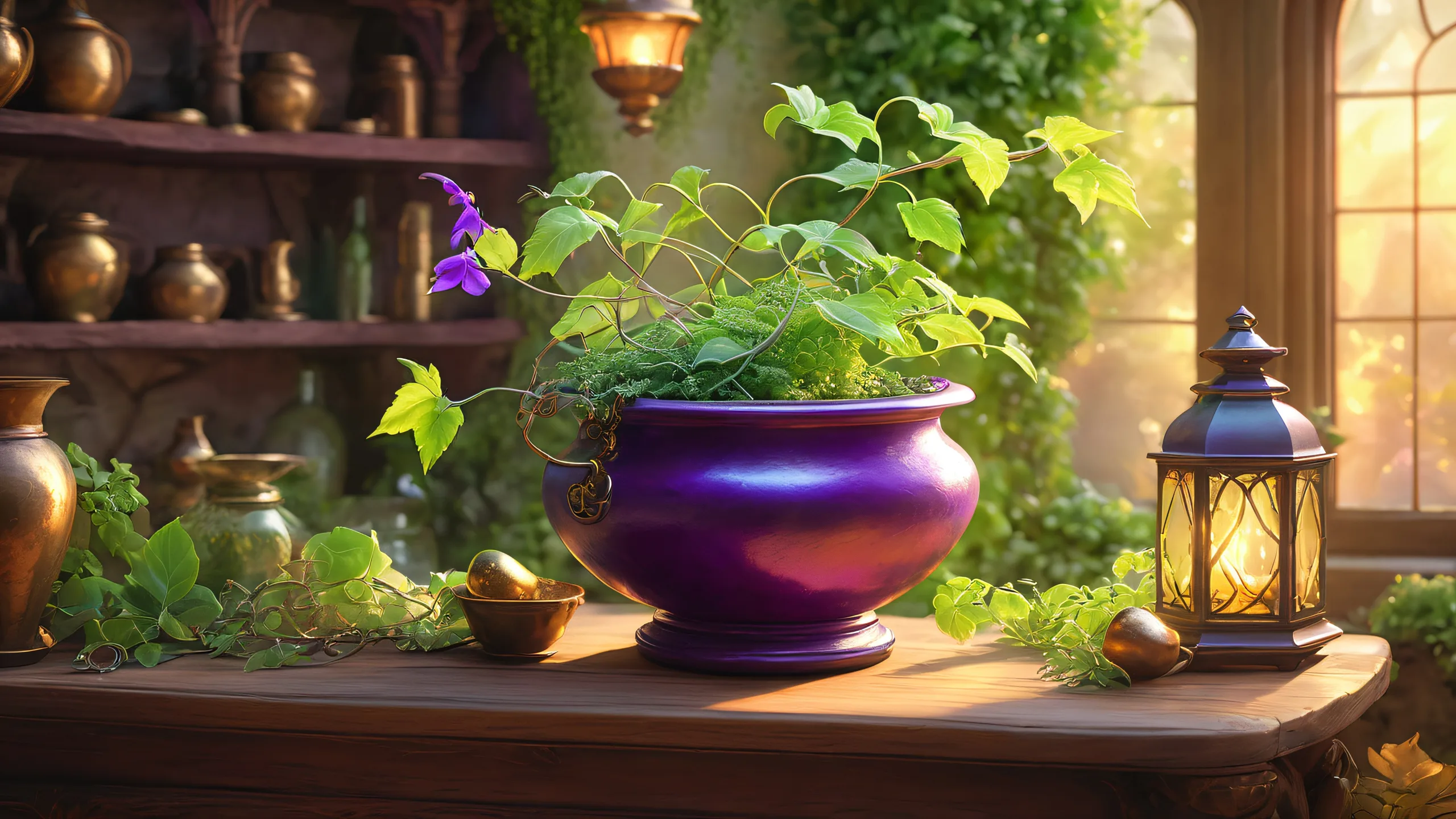 Glowing purple cauldron surrounded by lush green vines and leaves, set in a dimly lit apothecary with wooden shelves and various artifacts. Suitable for desktop/pc use.
