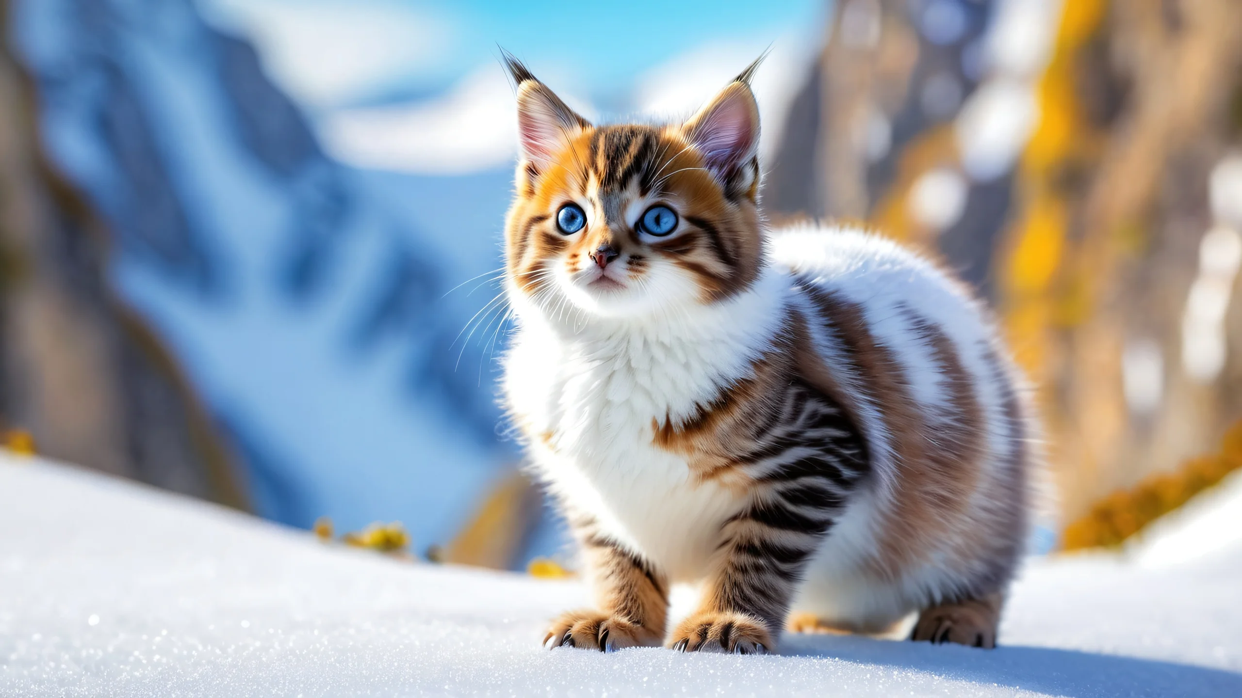 Whispering Wildcat Bloom 4K Desktop Wallpaper A majestic hybrid creature amidst blooming spring flowers in vibrant colors.