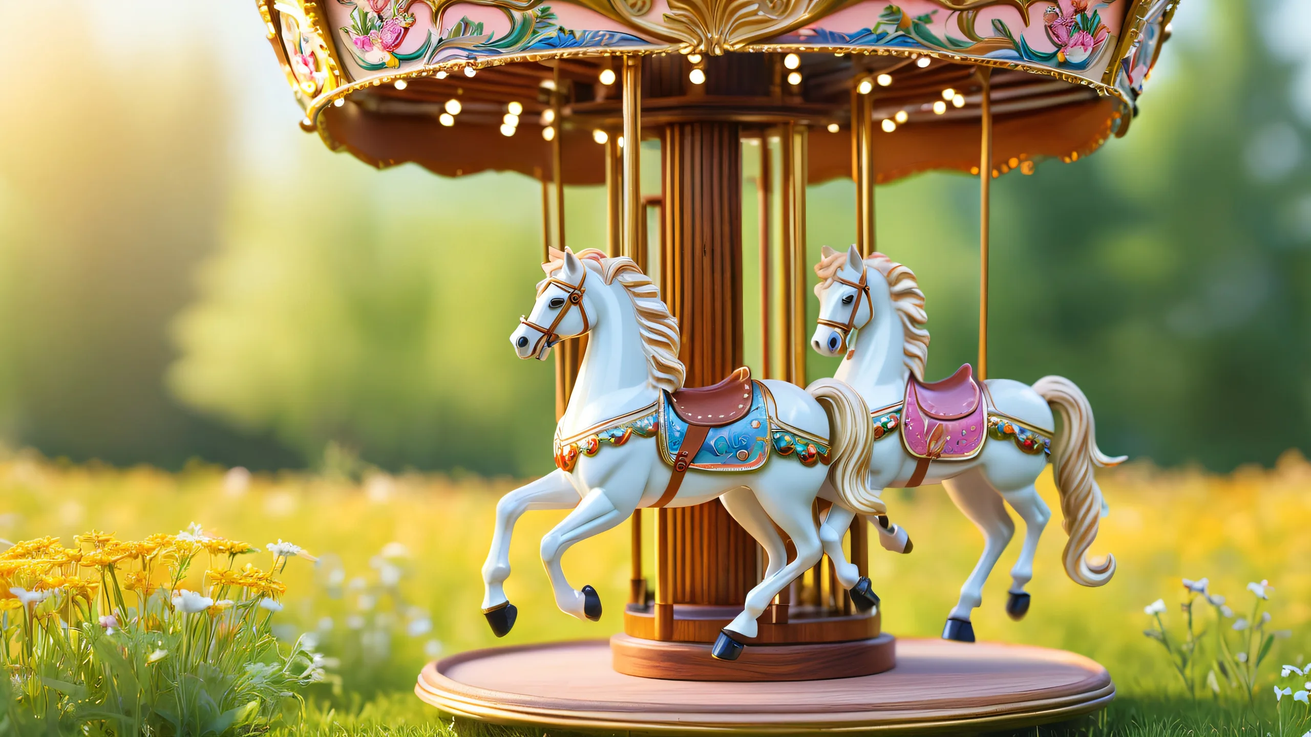 Epic Whispering Woodland Carousel 4K Desktop Wallpaper A miniature carousel with wooden horses surrounded by a green meadow and wildflowers on a desktop or PC.