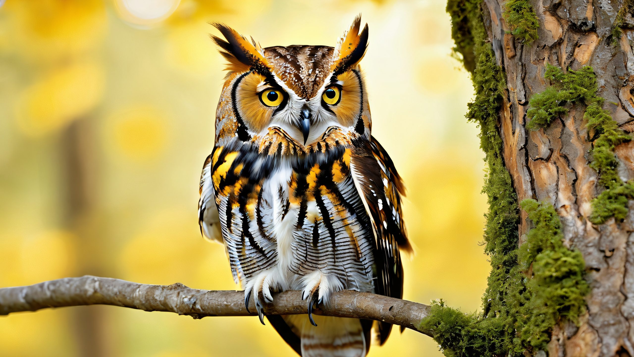 A majestic Eastern Screech owl perched on an ancient tree branch in a serene forest glade, perfect for desktop/pc background.
