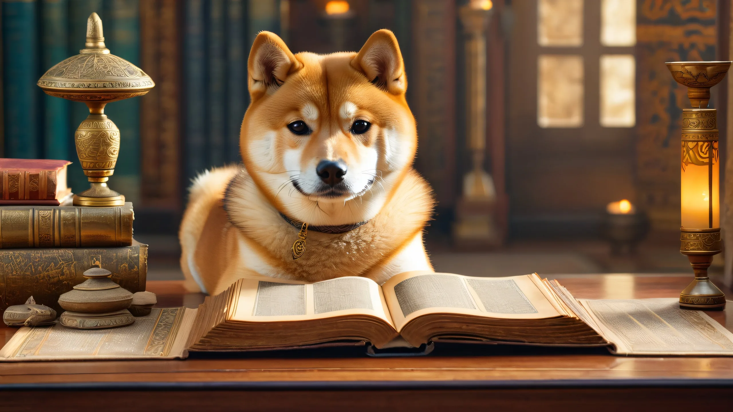 Whispers from the Ancients 4K Desktop Wallpaper Curious Shiba Inu surrounded by ancient scrolls on a dimly lit desktop/PC