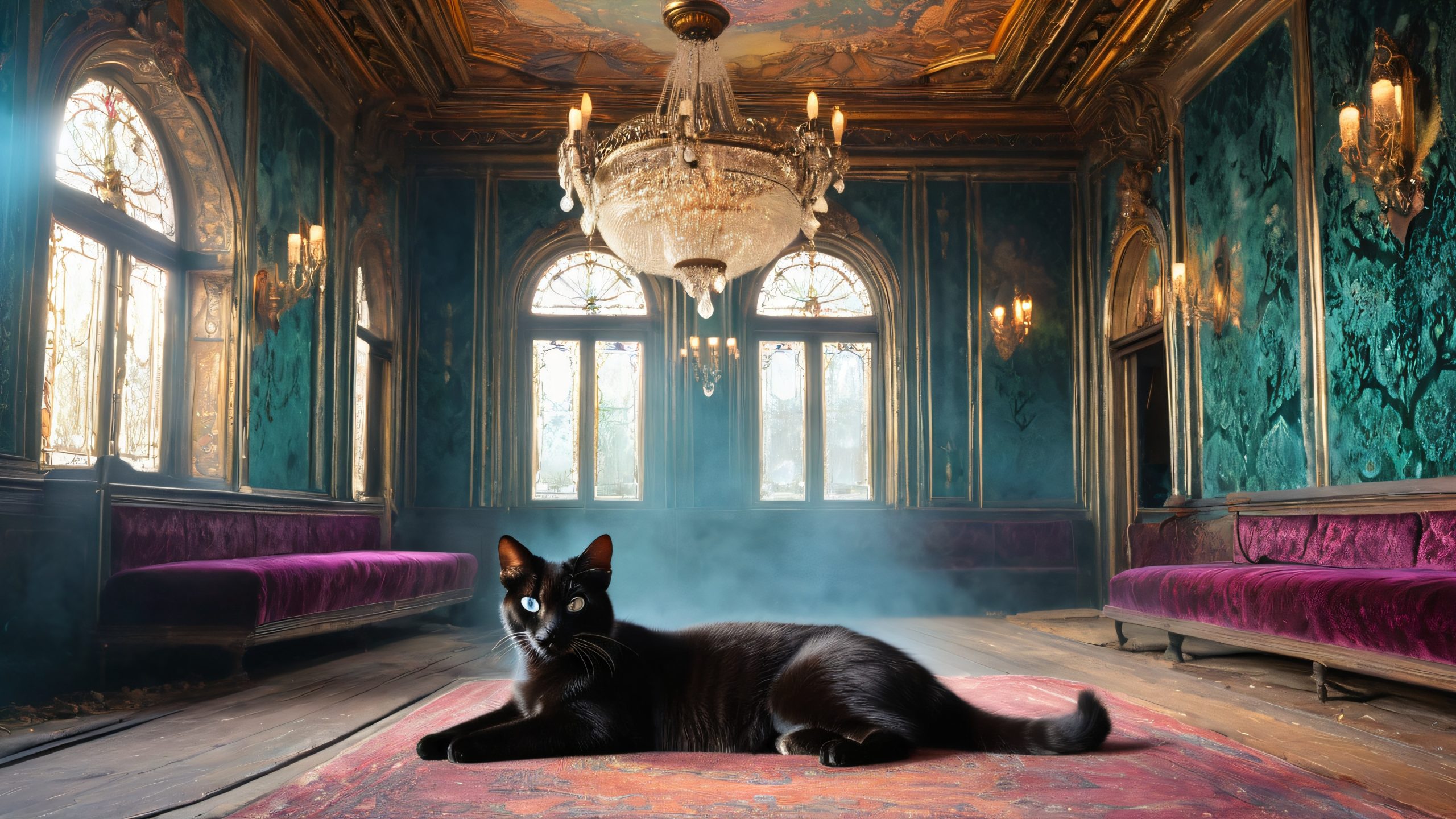 Whispers from the Shadows 4K UHD Wallpaper A mystical cat on a Victorian-era chandelier, surrounded by an abandoned ballroom or opera house, perfect for desktop/pc