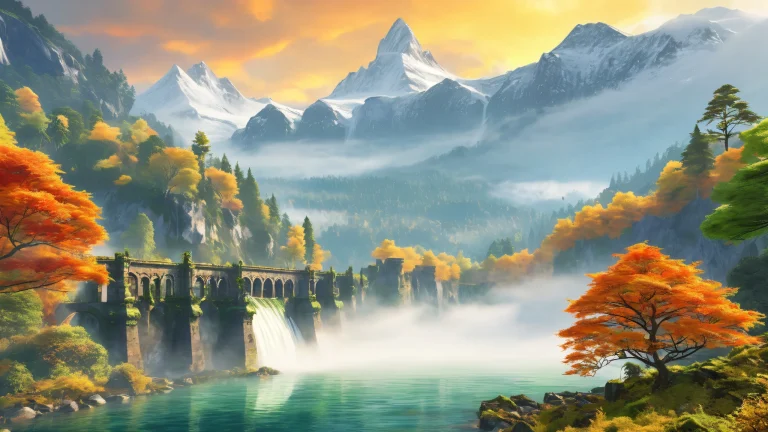Majestic ancient dam surrounded by lush forests on a desktop or PC screen.