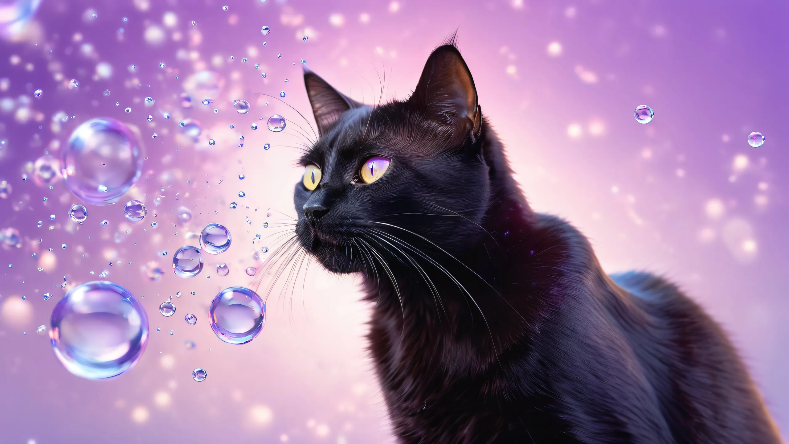 4K Whispers in Purple Night Desktop Background A mystical black cat surrounded by bubbles on a minimal desktop/PC background
