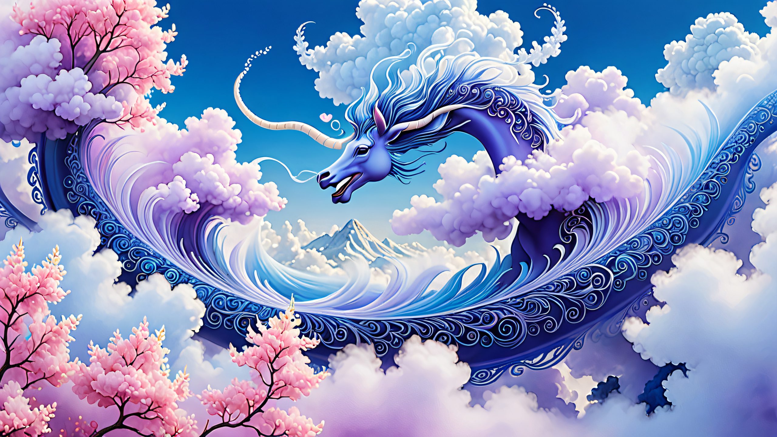 Abstract, surreal creatures emerge from indigo clouds, blending smoke and mist, on a desktop/pc background.