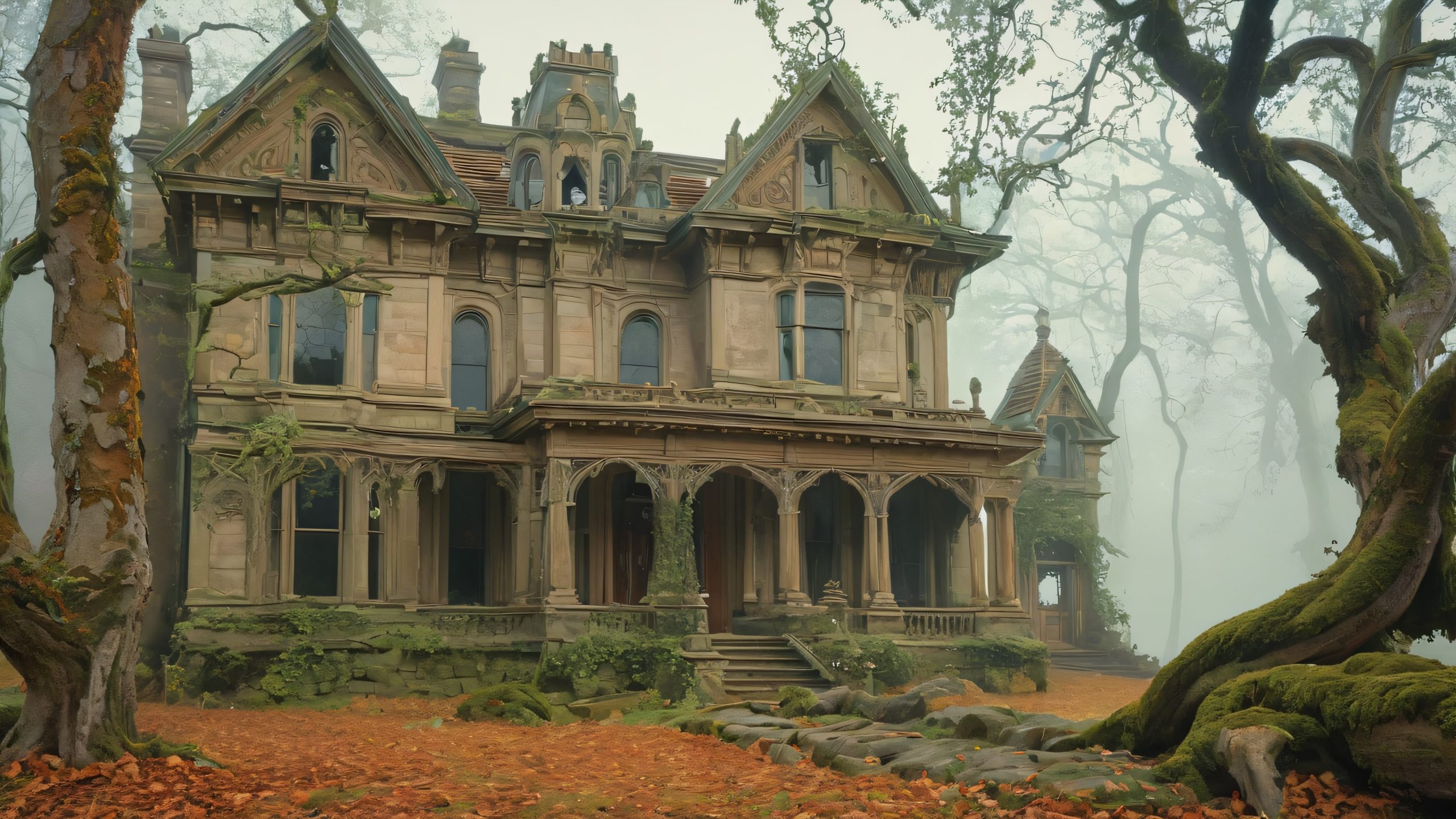 A hauntingly beautiful Victorian-era mansion with twisted trees and vines, surrounded by misty forest. Suitable for Desktop/PC.