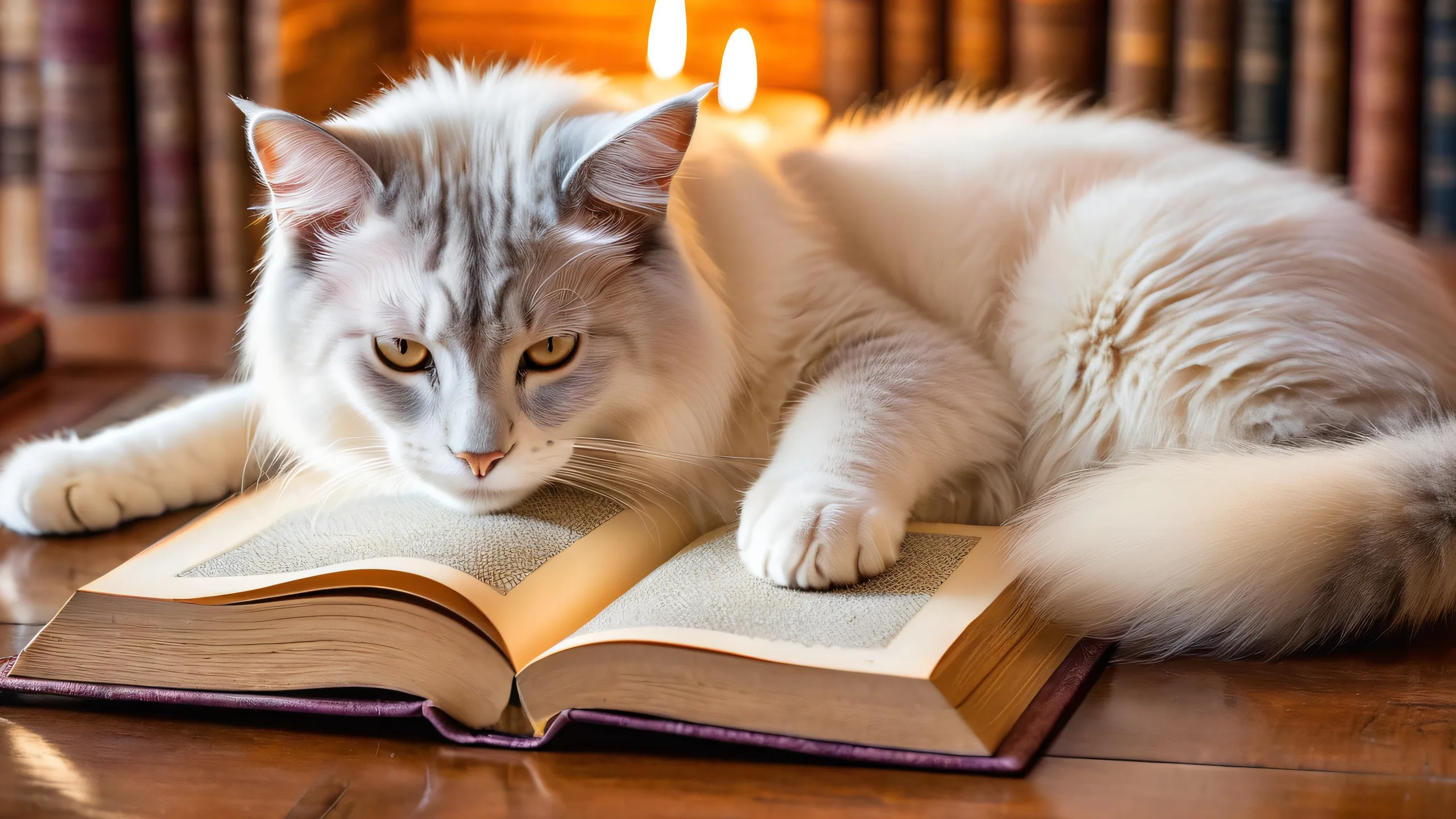 Whispers in the Fogbound Library 4K UHD Wallpaper A majestic feline creature paws at an ancient tome on a wooden table surrounded by candles and mystical artifacts, perfect for desktop/PC.