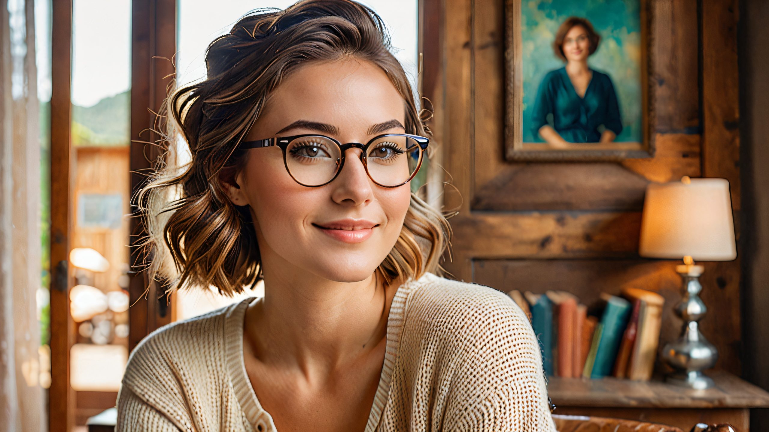 A young woman with glasses, sitting in a cozy room with vintage furniture and books, for desktop/pc use