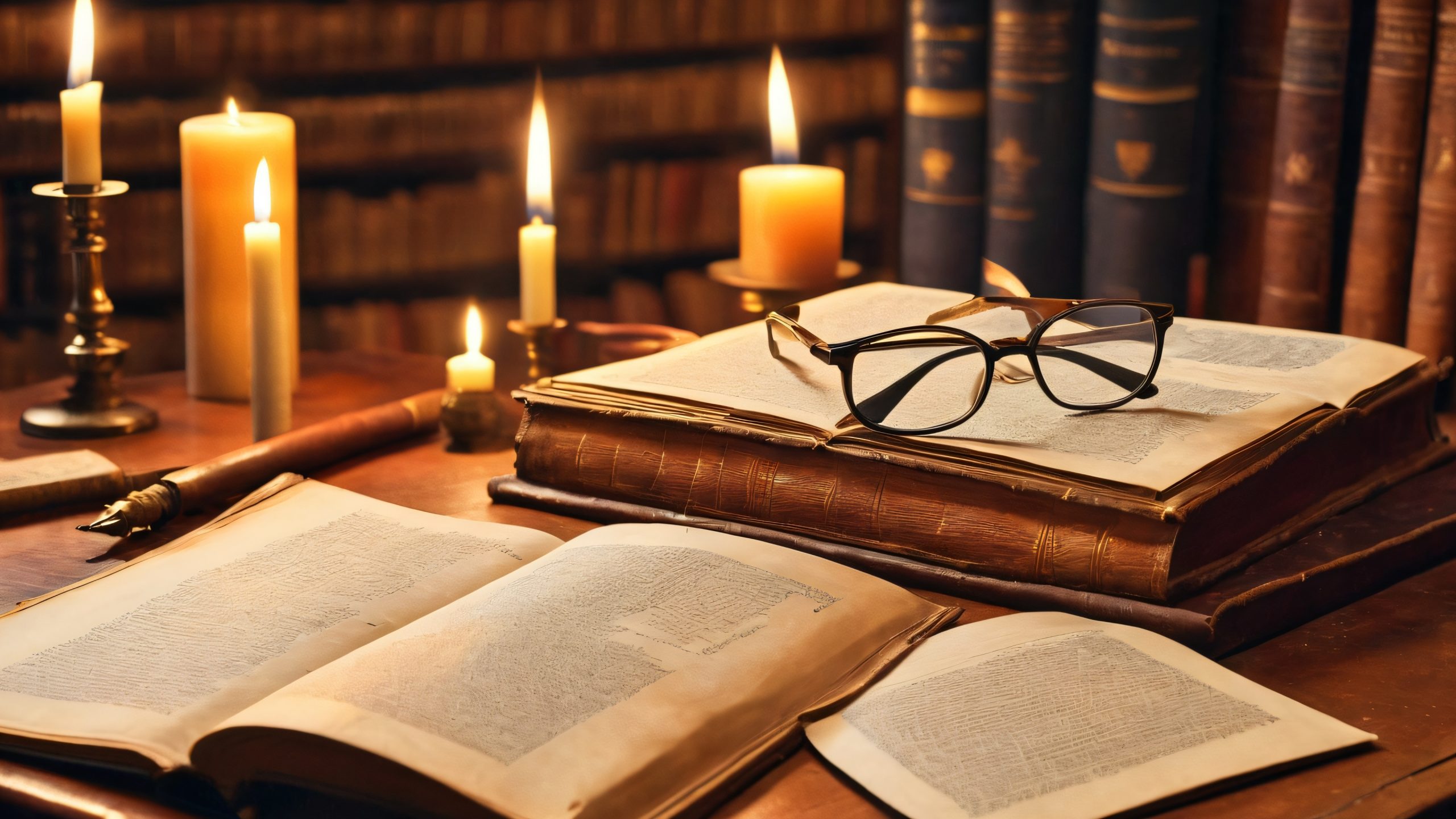 Whispers in the Library 4K UHD Widescreen A bespectacled poet surrounded by cryptic symbols and quotes, sitting on a worn book with dimly lit library background for Desktop/PC