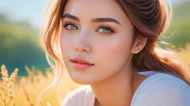 A serene scene of a young girl sitting amidst lush greenery and colorful flowers.