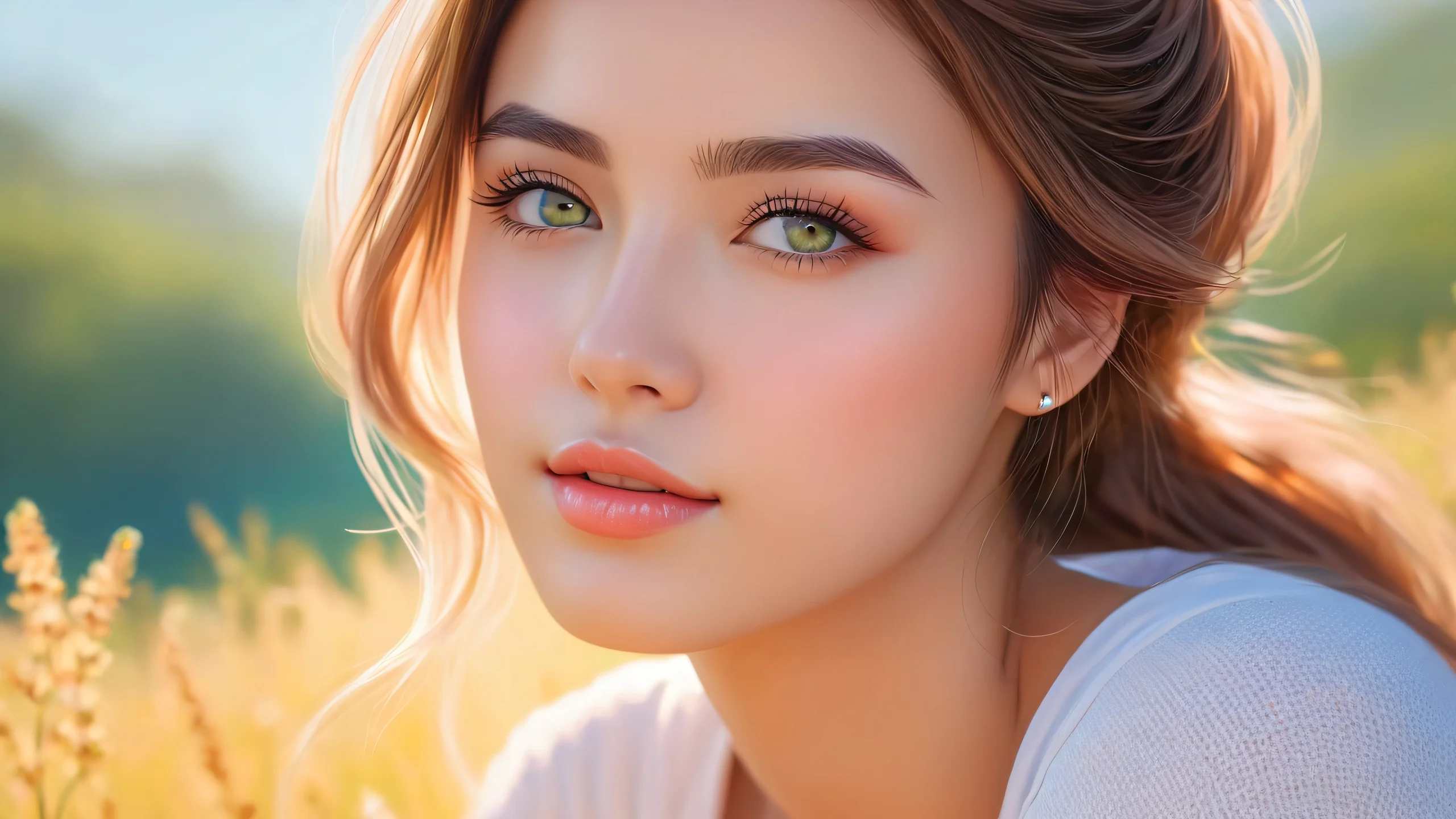 A serene scene of a young girl sitting amidst lush greenery and colorful flowers.