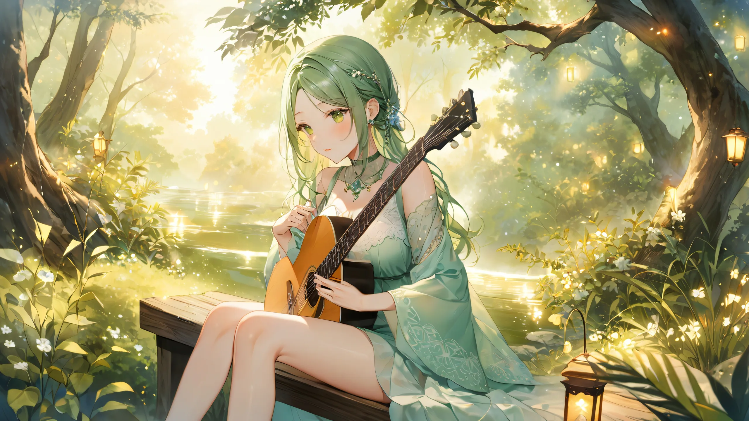 Serene scene of Surinder Kaur on a wooden bench with a guitar, surrounded by misty forest and ancient trees. Desktop/PC background.