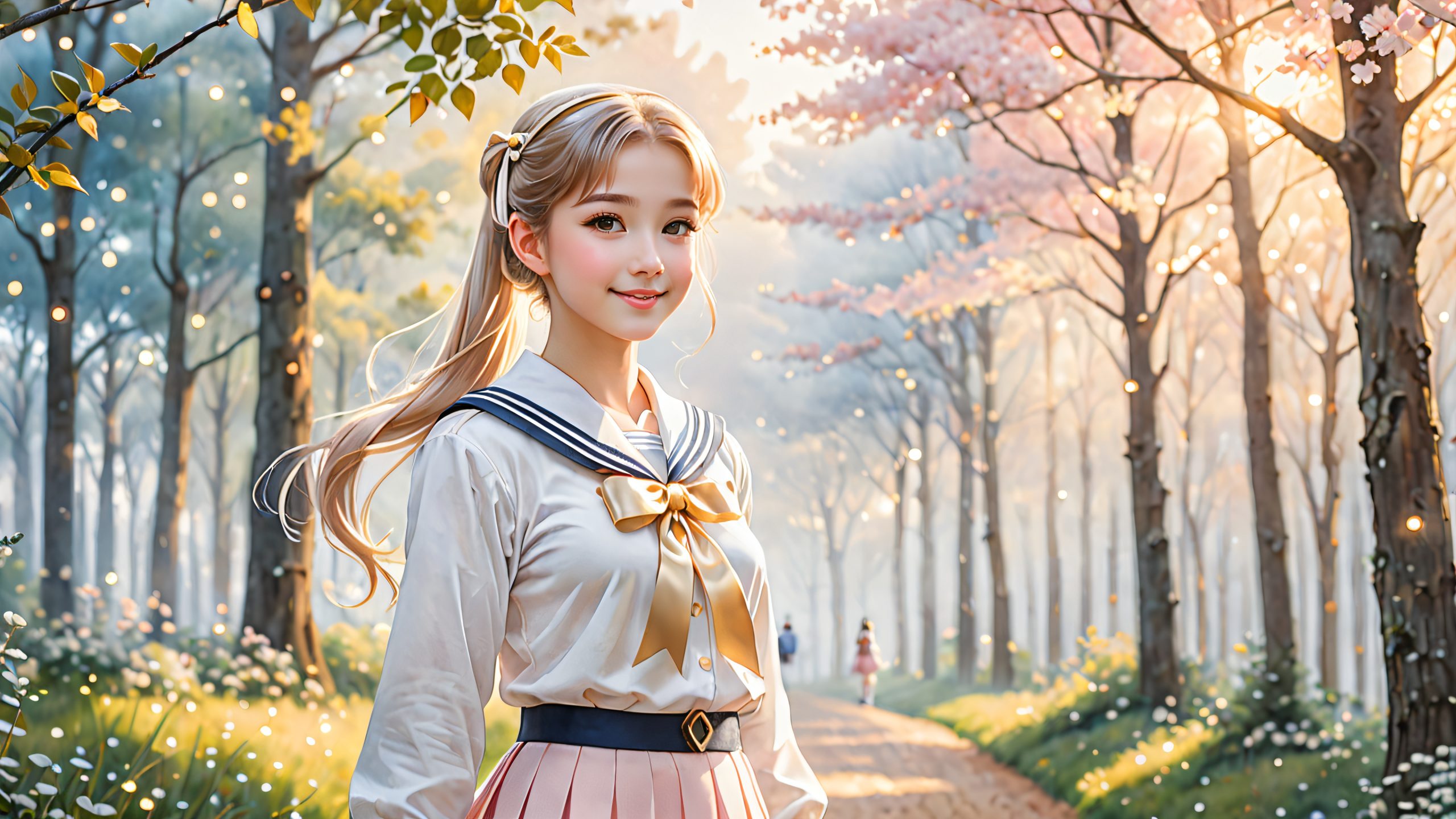 A serene anime schoolgirl scene on a desktop/pc with misty forest, fairy lights, and ancient structures, for a calming and dreamy ambiance.