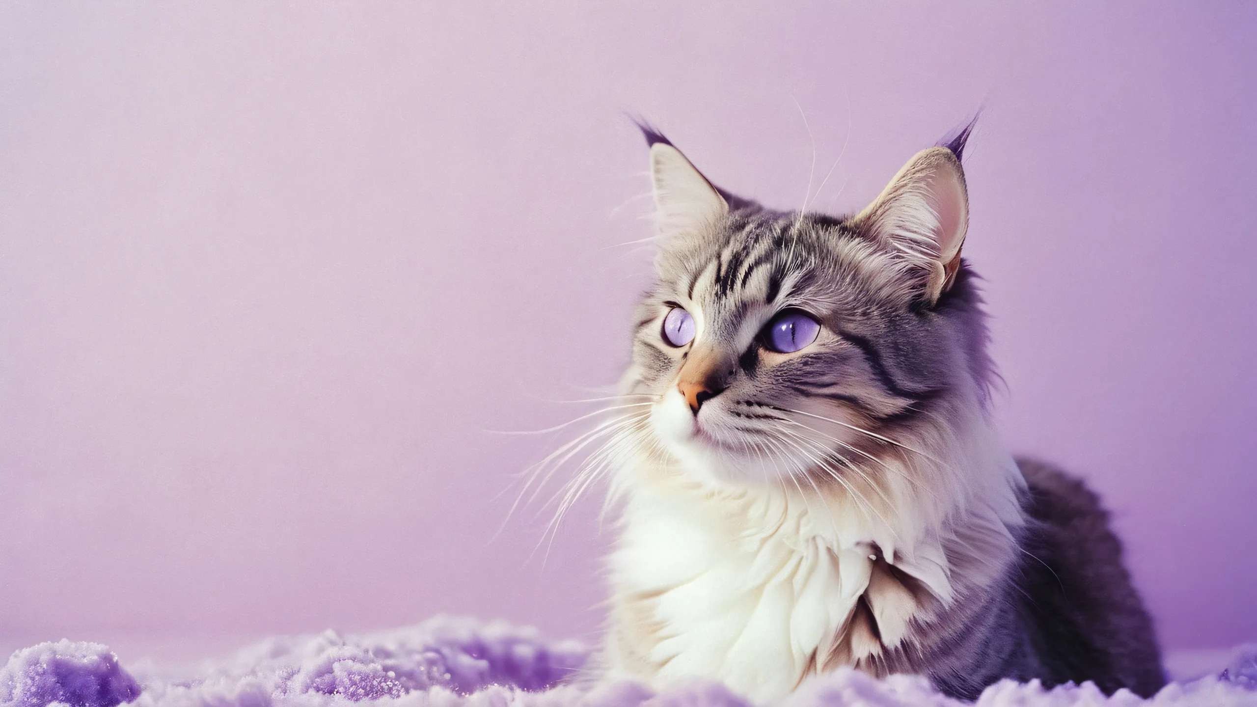 A serene cat surrounded by soft purple hues on a 16:9 desktop/pc