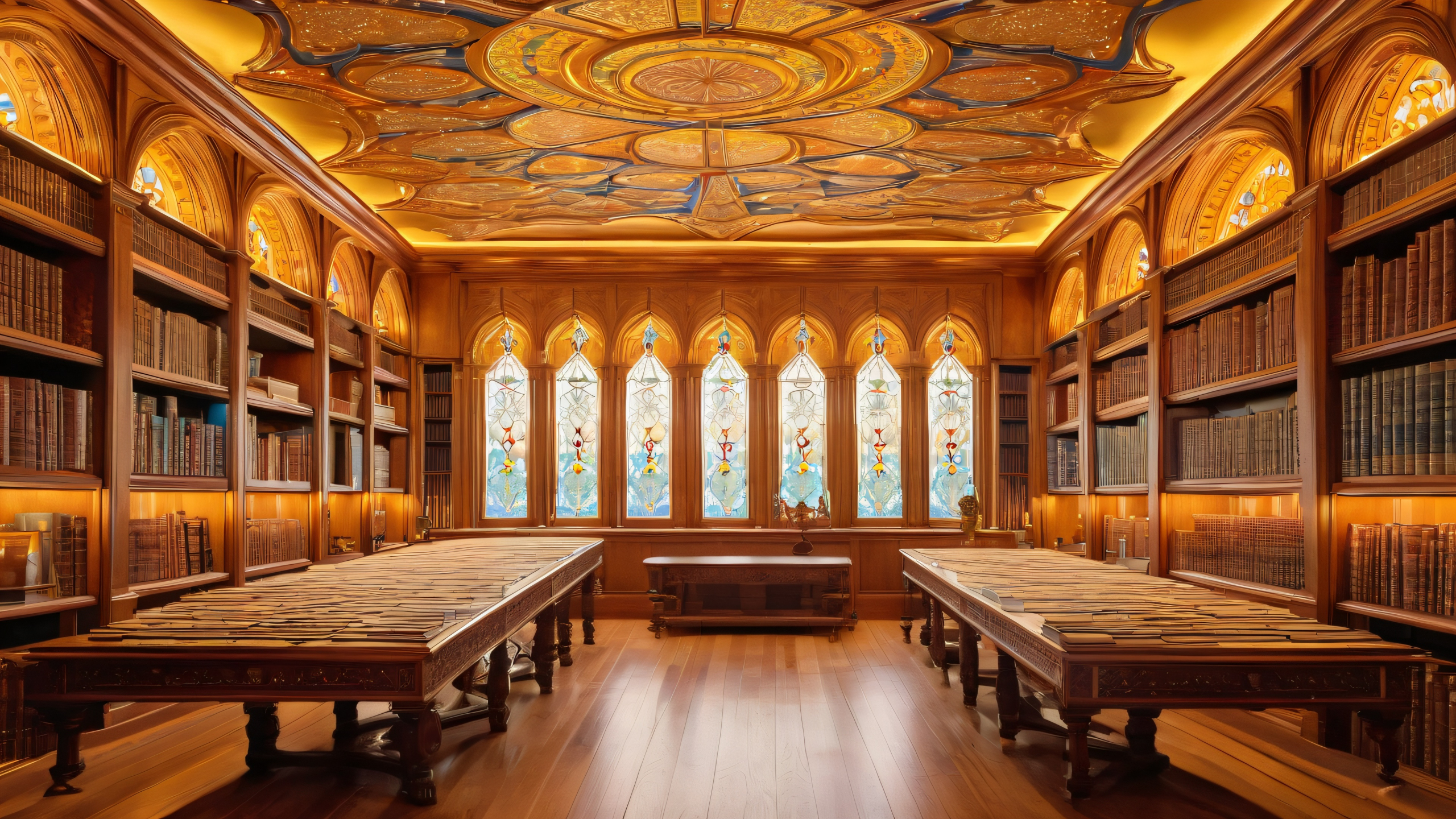 Aesthetic Whispers of Ancient Wisdom Background A bespectacled young wizard sits amidst a fluttering vortex of papers and quills in an ornate library with leather-bound tomes, scrolls, and forgotten spells on a desktop/pc.