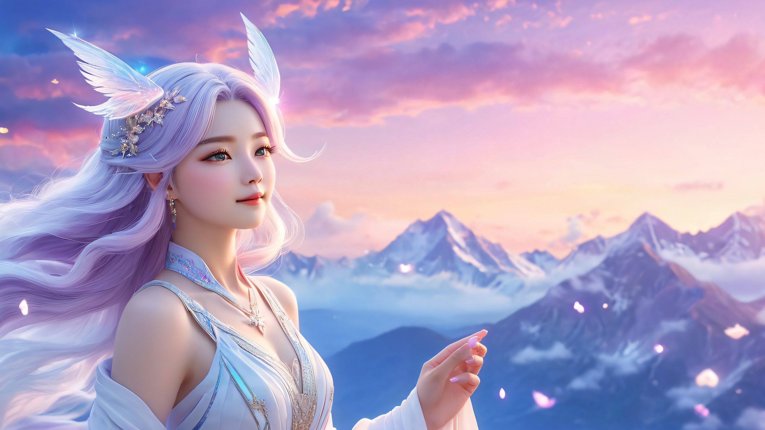 Aesthetic Whispers of Celestial Magic Background Ririka Ichijou stands on a cloud-draped mountain peak, surrounded by mystical energy, perfect for desktop/pc use.