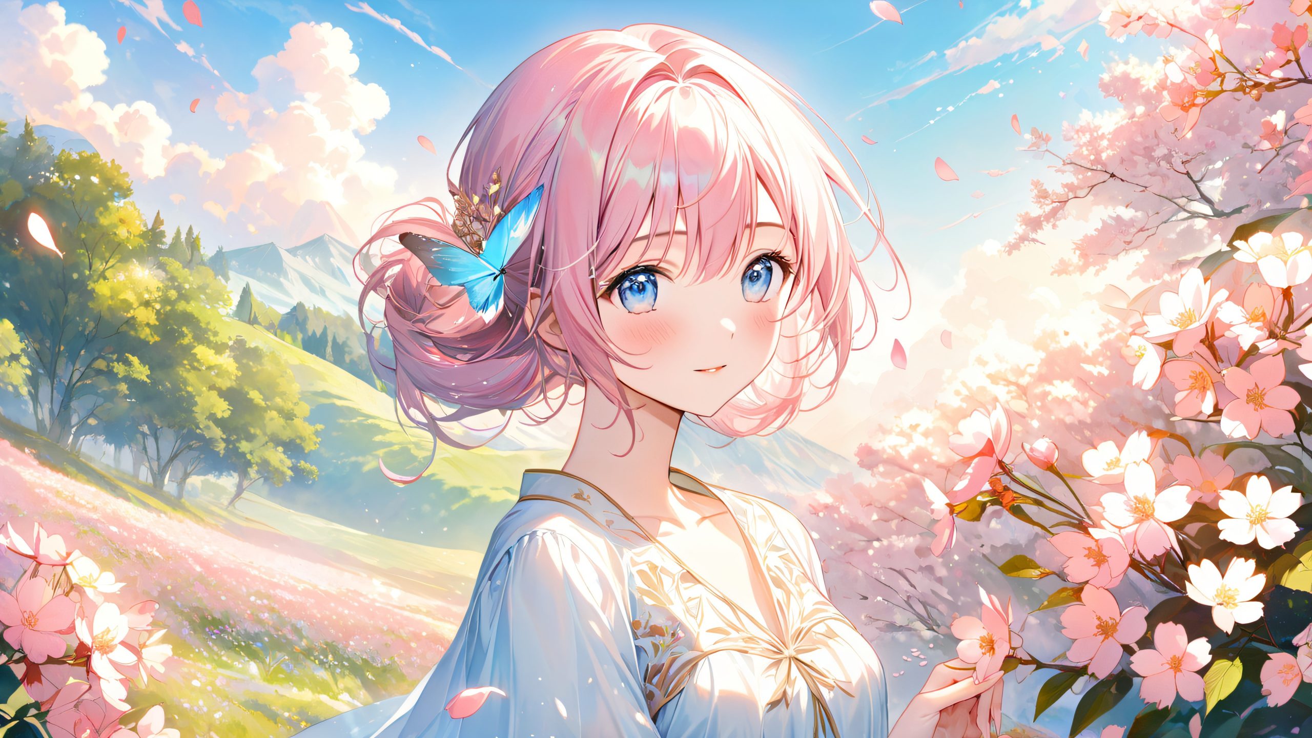 Serene meadow with blooming cherry blossoms and Tranquility characters from Spirited Away, for Desktop/PC use