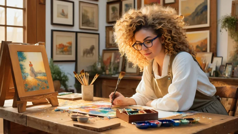 An artist at work in a cozy studio setting amidst art supplies and half-finished masterpieces on a desktop/pc background.