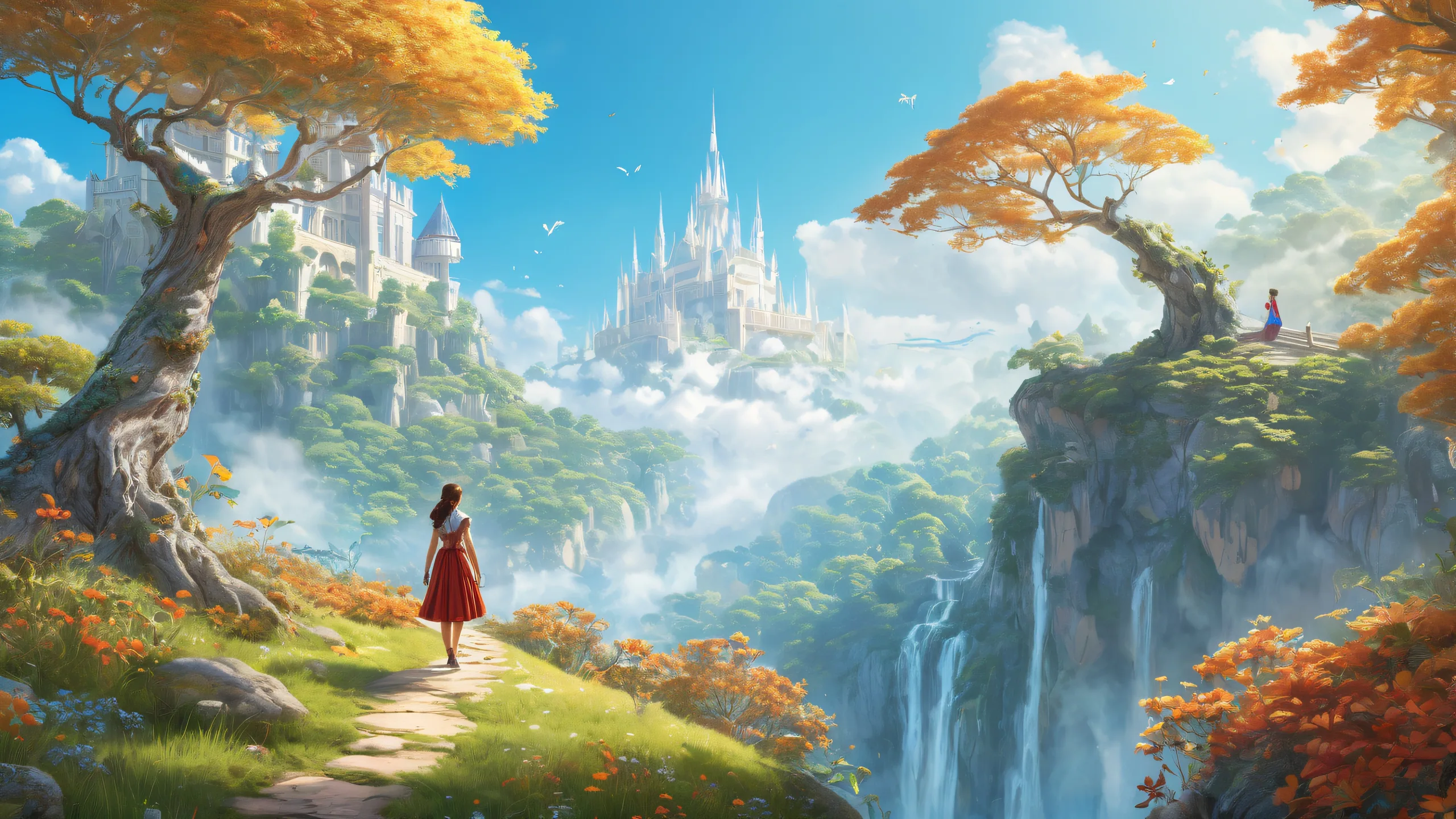 Epic Whispers of Elvish Realms Desktop Wallpaper A mystical forest or palace scene for a desktop/PC featuring ethereal lighting and brilliant colors, perfect for Apple macOS.