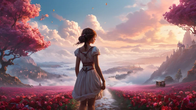 Beautiful desktop wallpaper featuring a fantastical setting with a single girl, perfect for Apple macOS devices and fans of fantasy art.