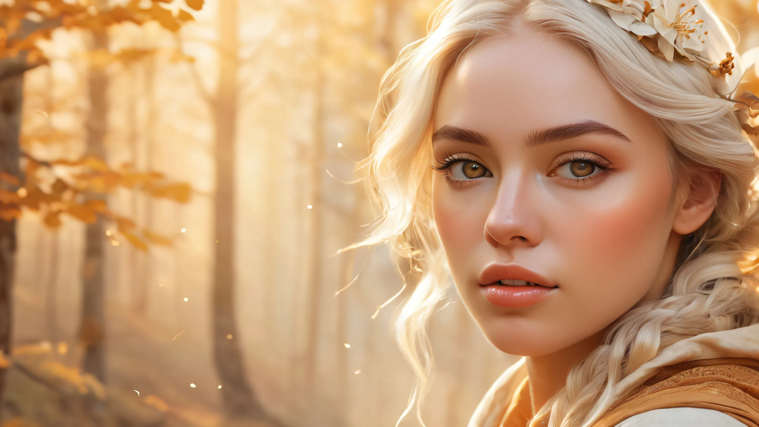 Whispers of Enchanted Forest 4K UHD Wallpaper A serene and mystical forest landscape for your Desktop/PC, featuring a beautiful female portrait with an ethereal glow.