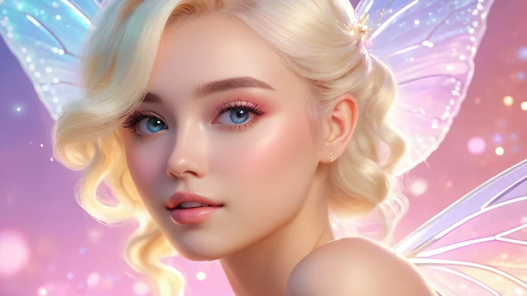 A magical landscape with glowing pastel hues and blonde hair strands, set against a soft blue background.
