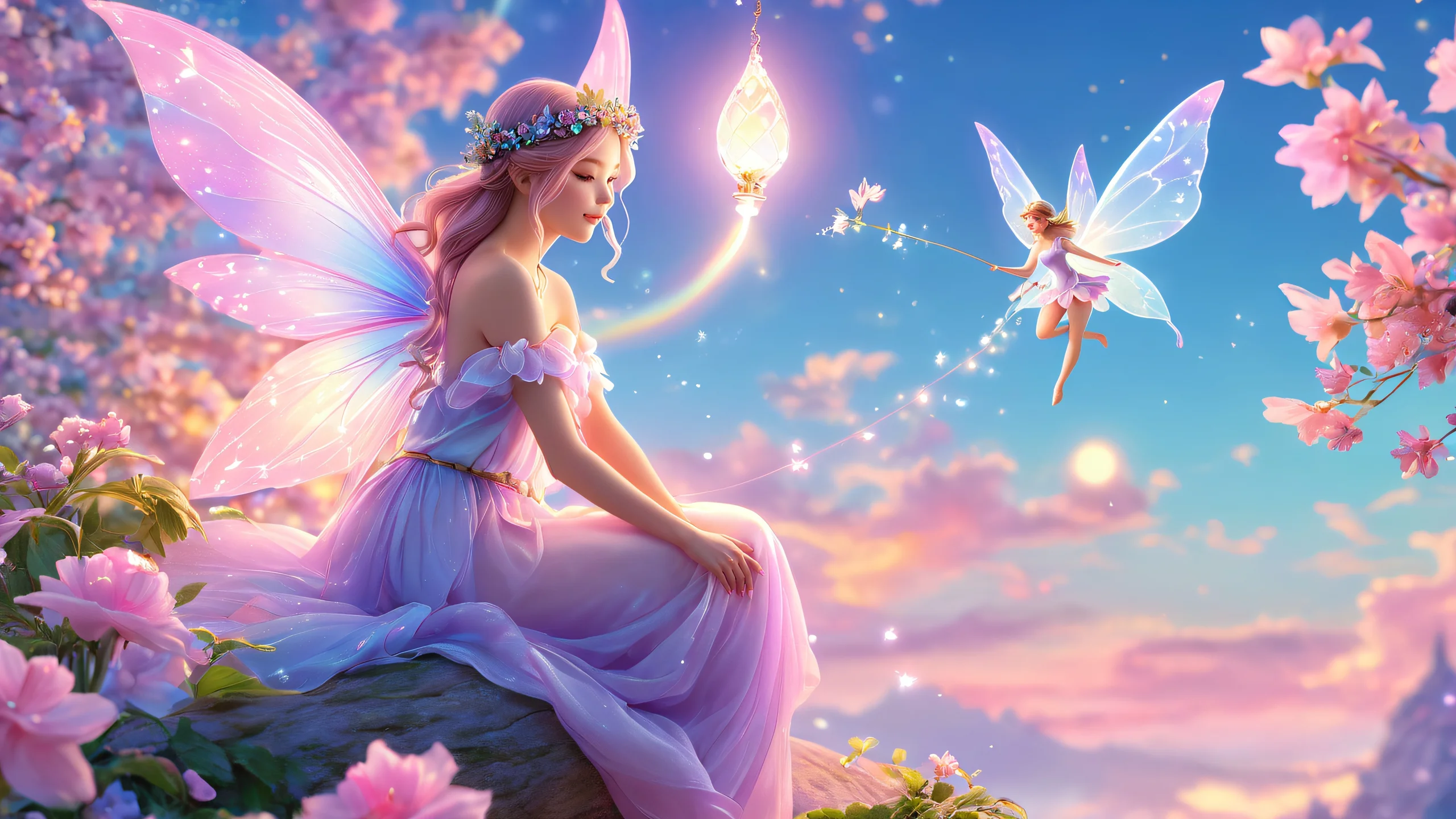 Whispers of Enchanted Realms 4K Desktop Wallpaper Fairy realm with glowing flowers and soft pastel hues