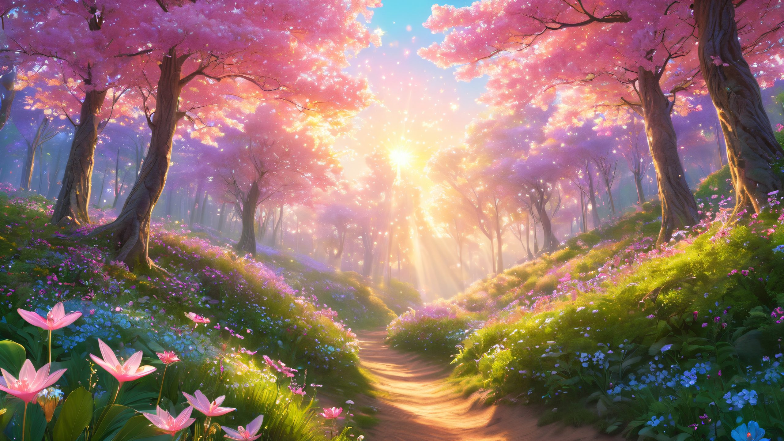 4K Whispers of Faerie Desktop Background A serene and vibrant forest scene featuring towering trees, wildflowers, and a mischievous fairy.