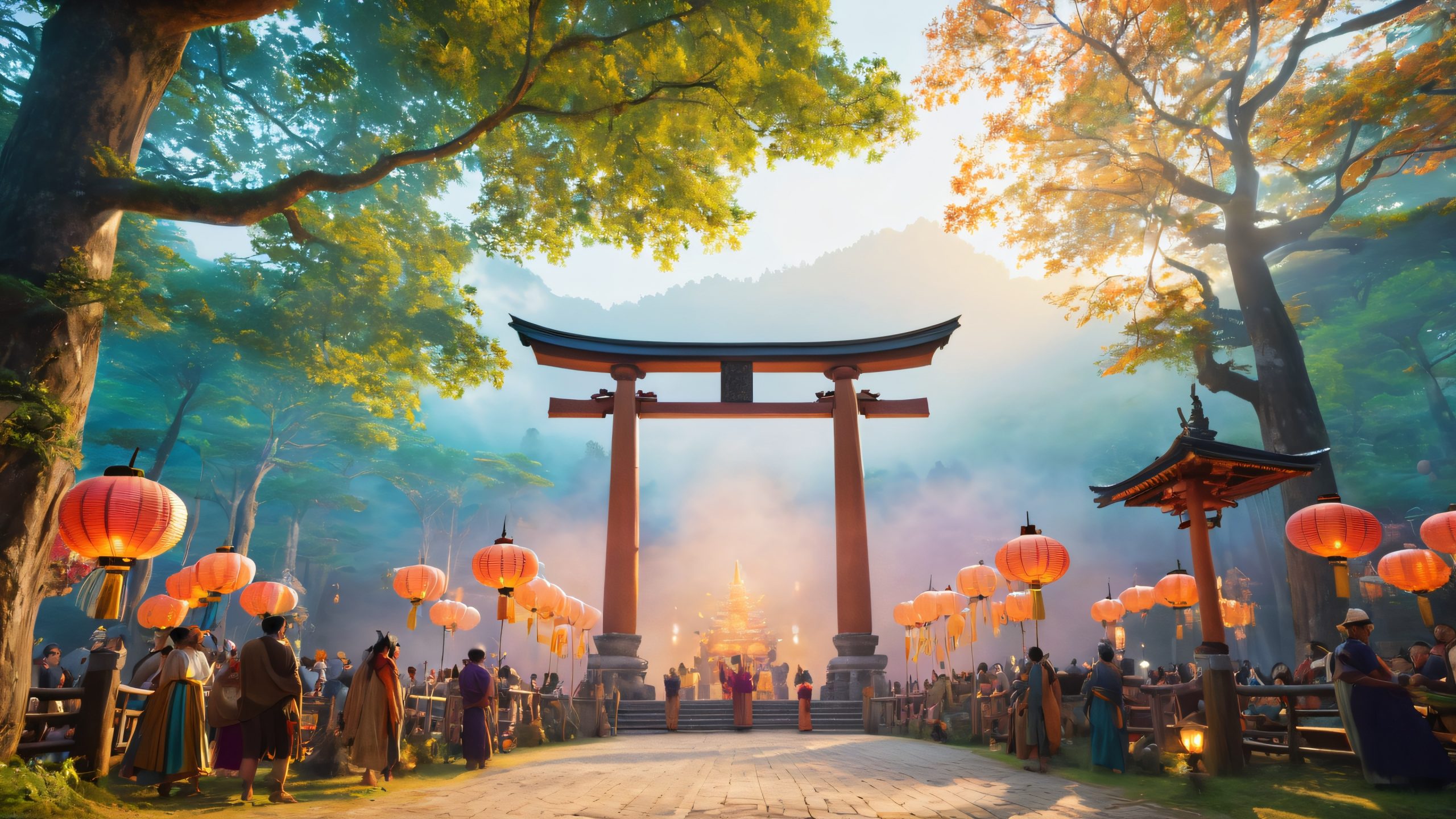 A mystical Lupercalia festival in an ancient city, surrounded by a dense forest, for Desktop/PC use.