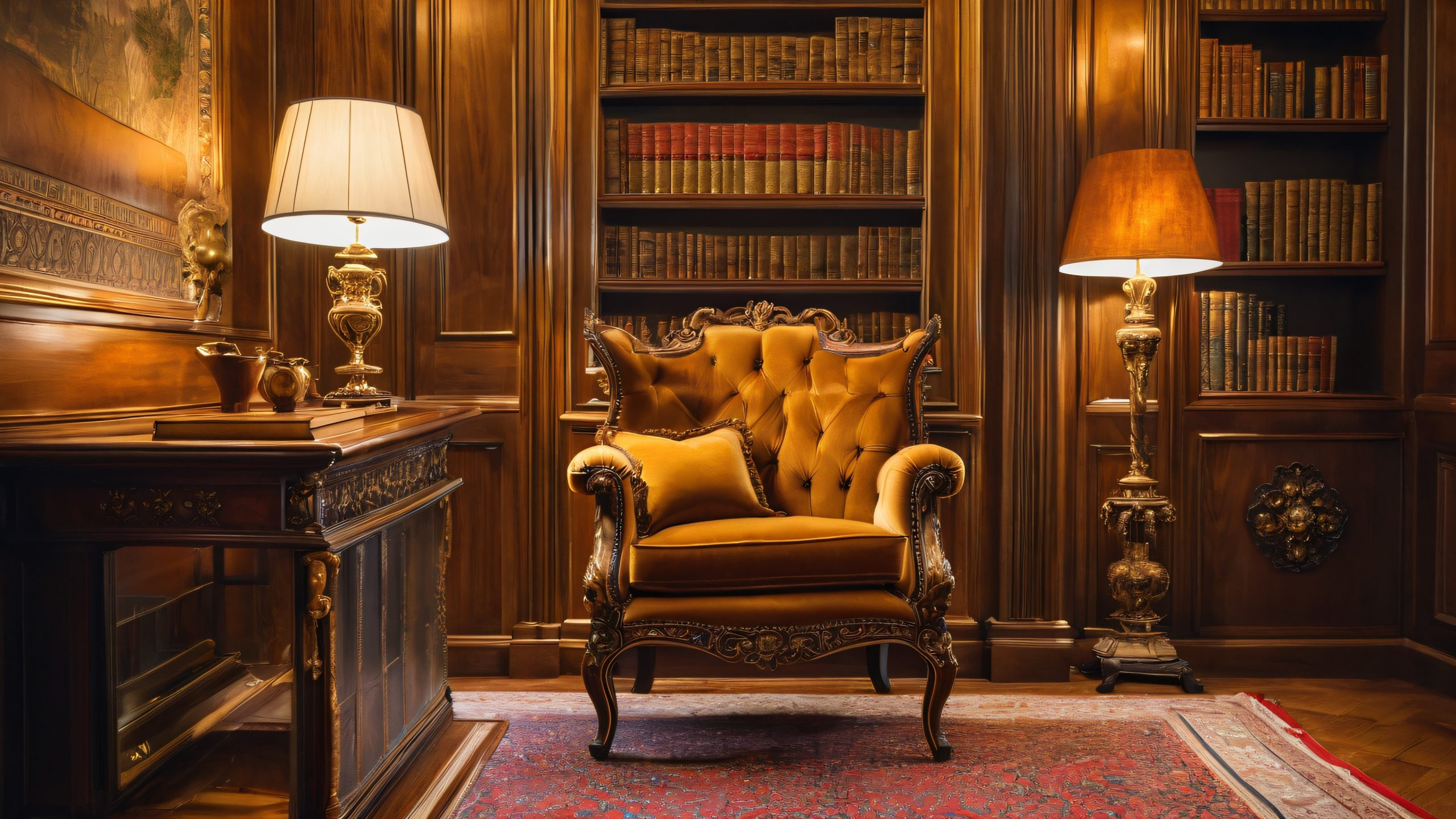 Luxurious armchair in a dimly lit study with leather-bound tomes and ornate candelabras, suitable for a desktop/pc