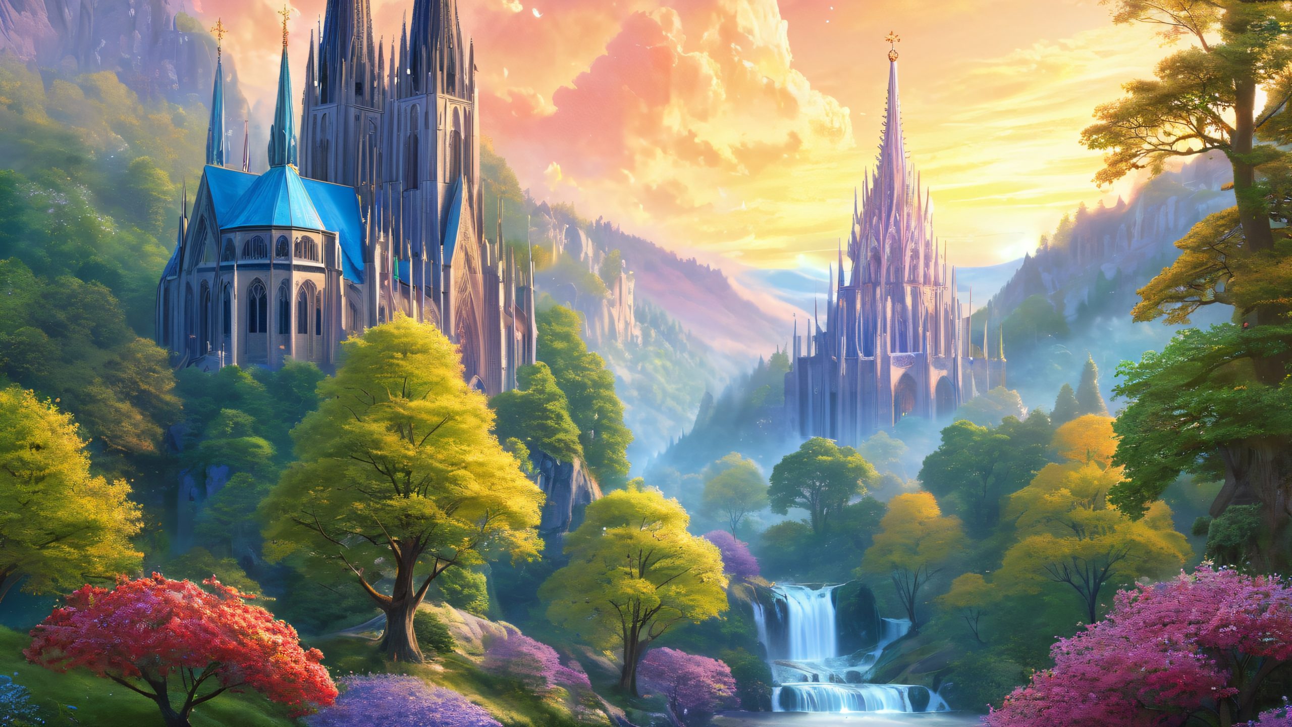 Majestic crystalline cathedral rises from a mystical forest, illuminated by soft, ethereal light, with blooming flowers and humming choirs, suitable for Desktop/PC