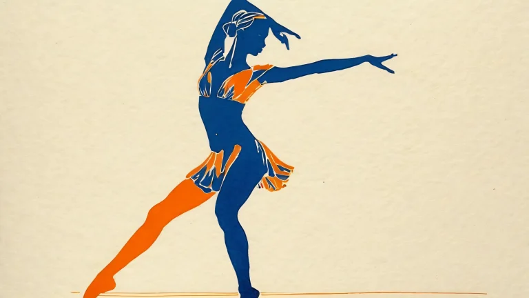 A vibrant abstract dancer on a dynamic blue and orange background for Desktop/PC screens, featuring subtle film grain and organic textures.