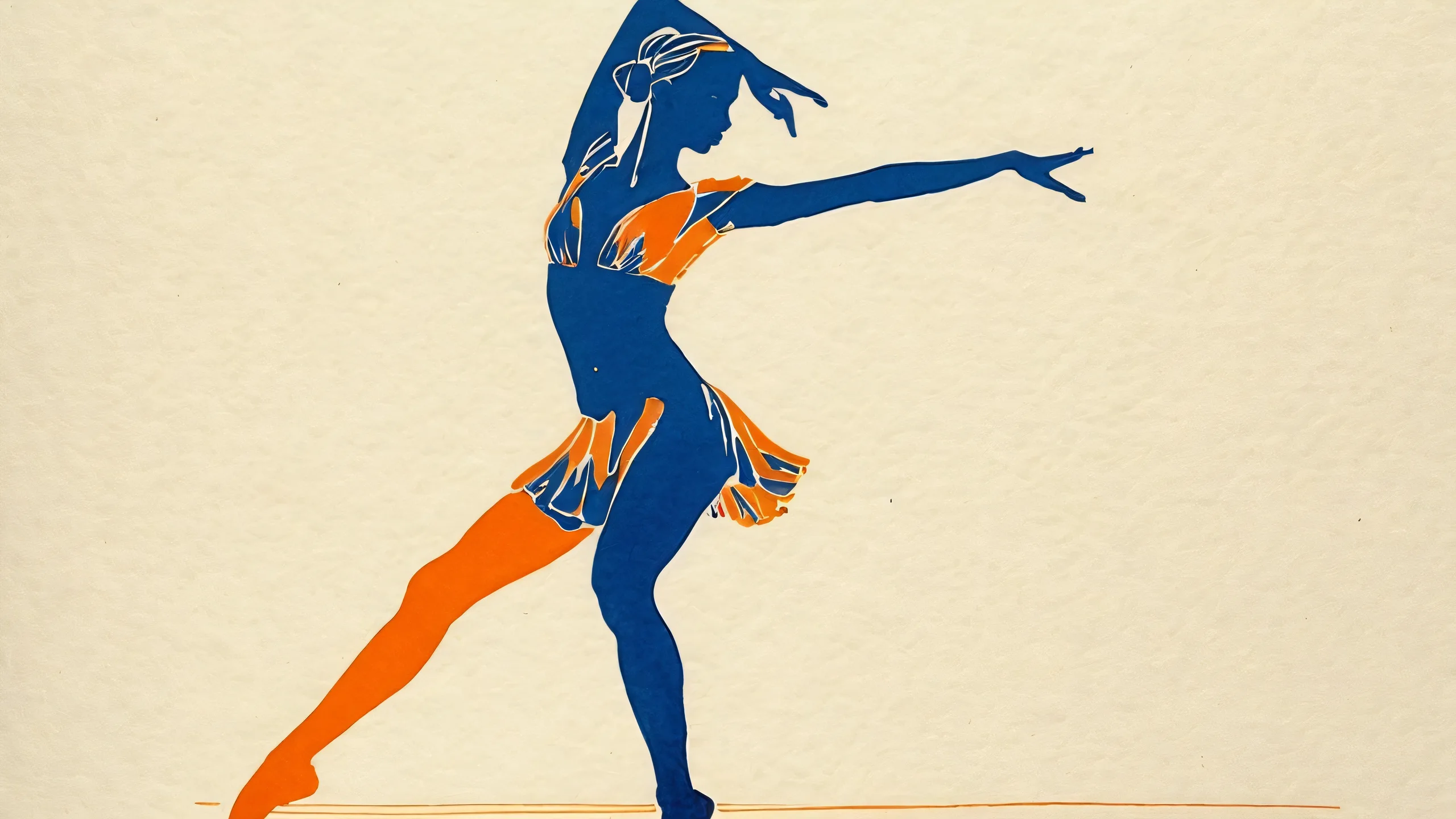 Epic Whispers of the Cosmos Desktop Wallpaper A vibrant abstract dancer on a dynamic blue and orange background for Desktop/PC screens, featuring subtle film grain and organic textures.