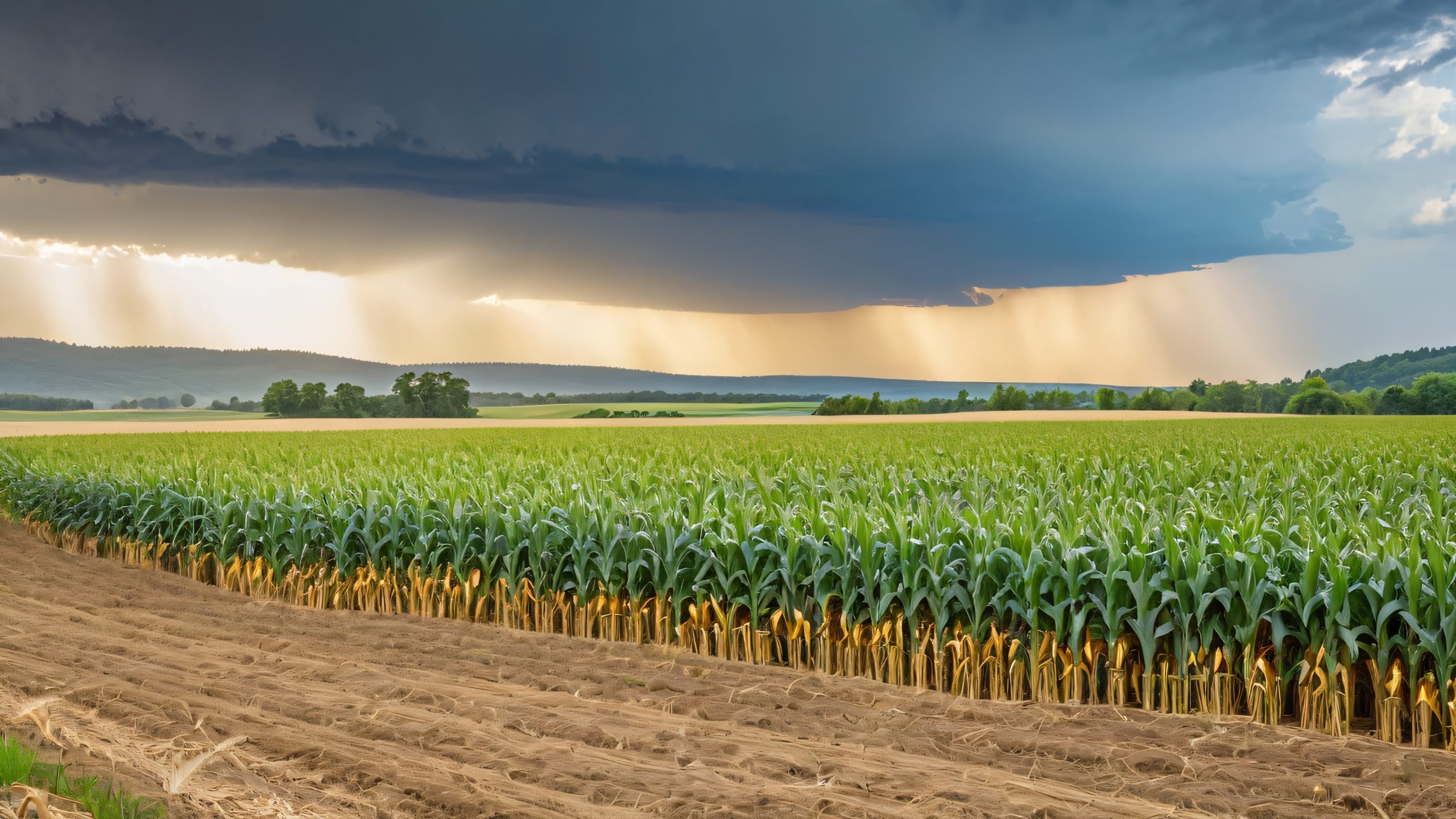 A majestic cornfield on a pre-storm day, with rows of golden ears and gray clouds gathering on the horizon, suitable for desktop/pc
