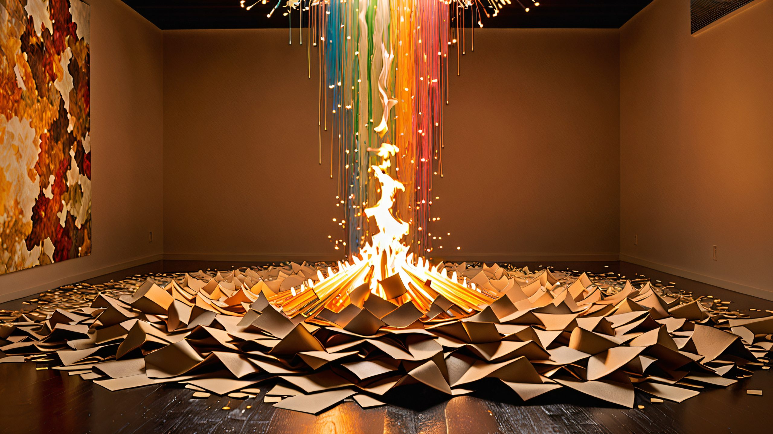 Abstract desktop wallpaper of swirling thoughts and smoke-filled room with candles and torn paper, for desktop/pc use