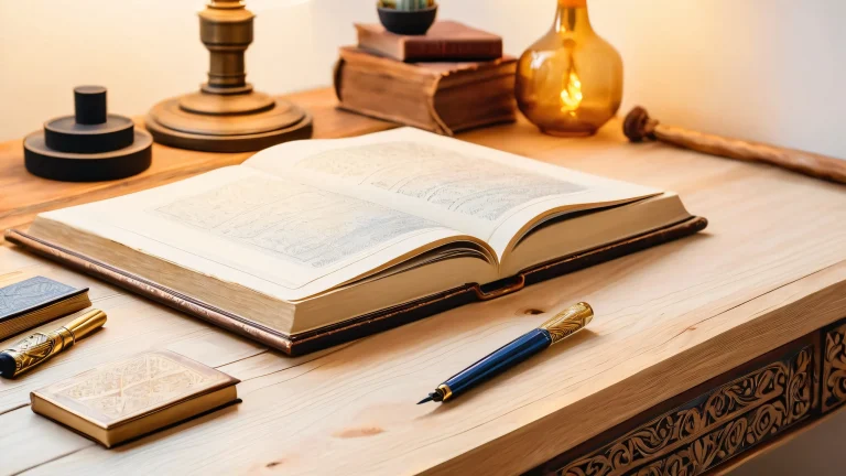 Cozy study desktop featuring wooden desk with journal, ink bottles, quills and vintage typewriters. Convient pour ordinateur de bureau/PC.