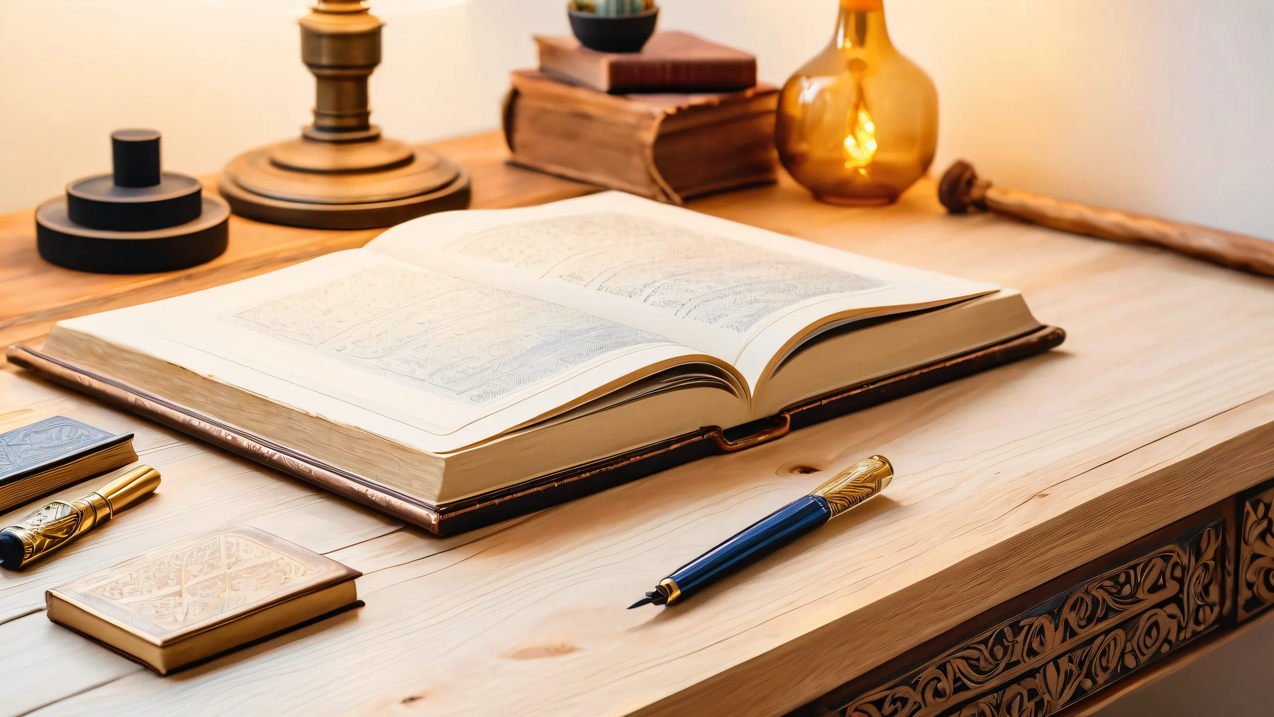 Whispers of Wisdom 4K UHD Widescreenデスクトップ/PCに最適 Cozy study desktop featuring wooden desk with journal, ink bottles, quills and vintage typewriters. Suitable for Desktop/PC.